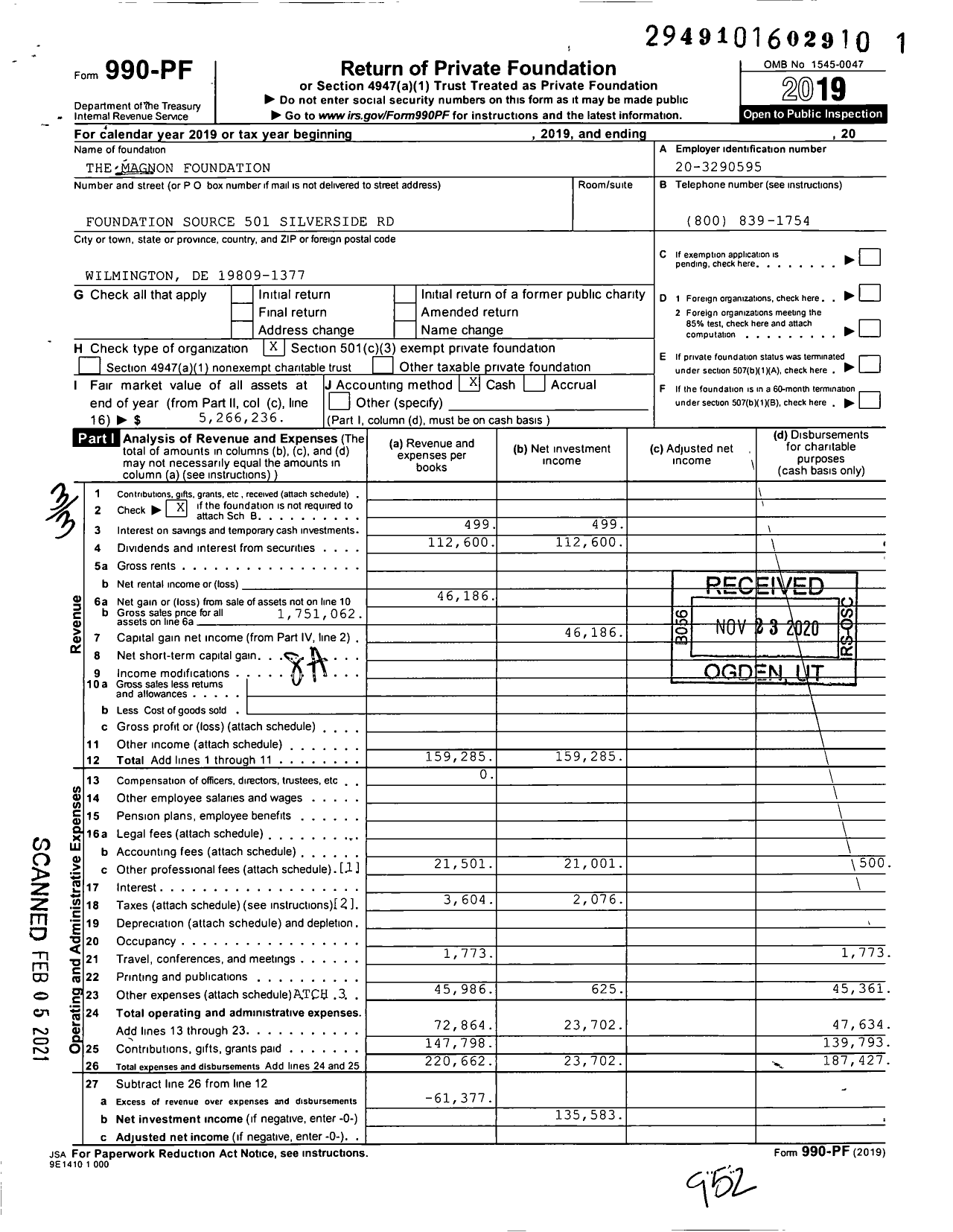 Image of first page of 2019 Form 990PF for The Magnon Foundation