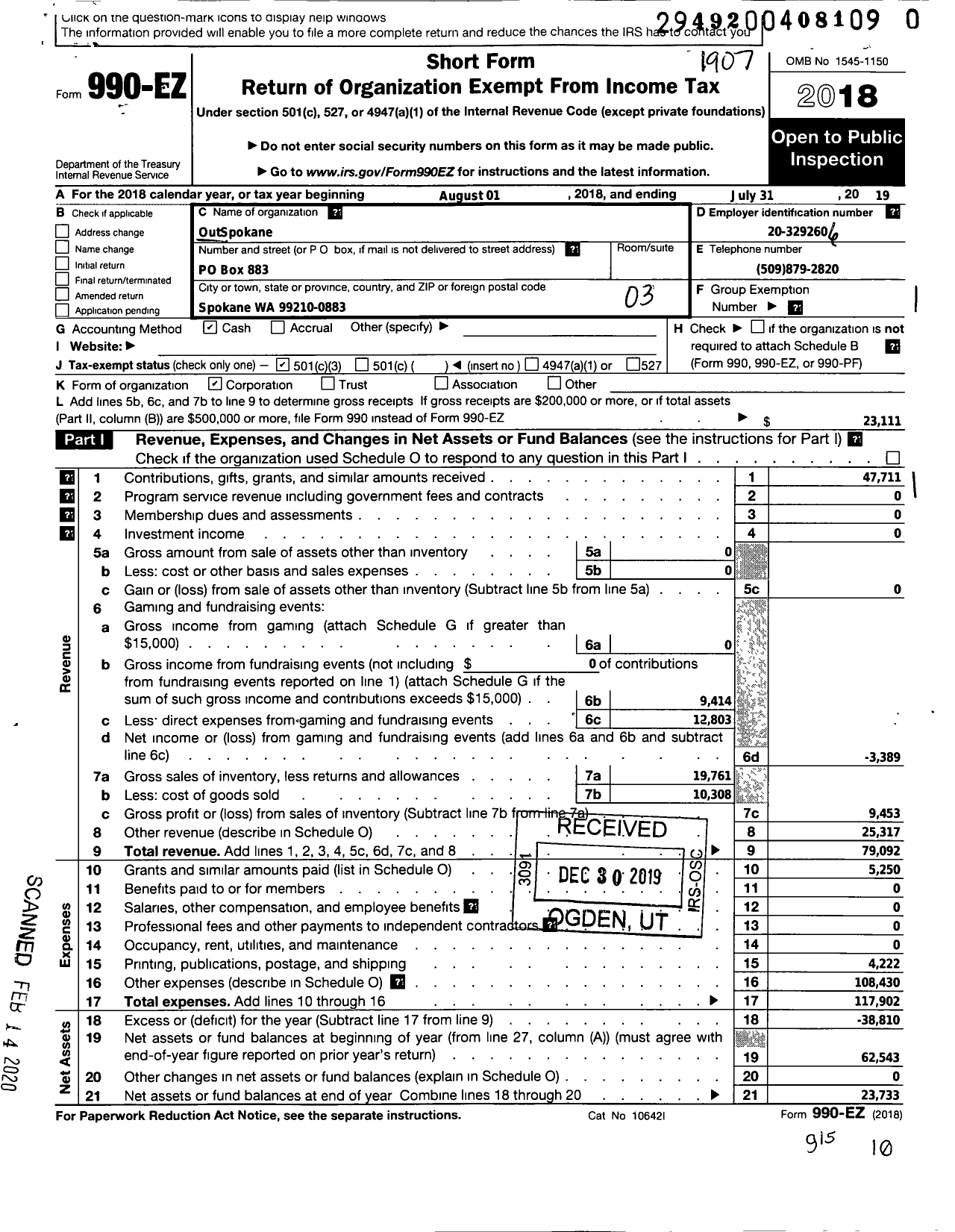 Image of first page of 2018 Form 990EZ for Spokane Pride