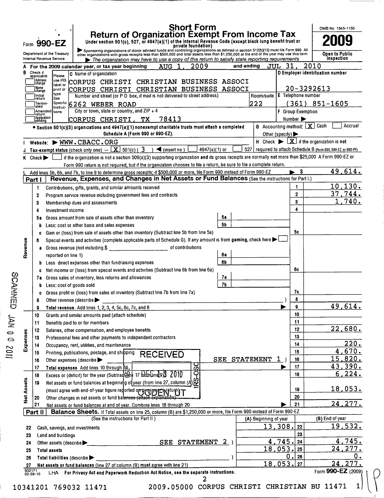 Image of first page of 2009 Form 990EZ for Corpus Christi Christian Business Association