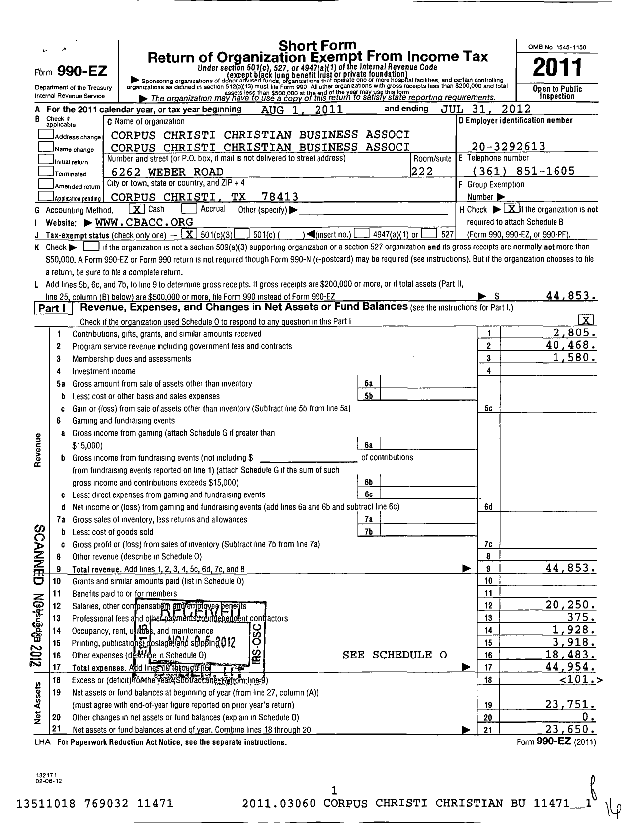 Image of first page of 2011 Form 990EZ for Corpus Christi Christian Business Association