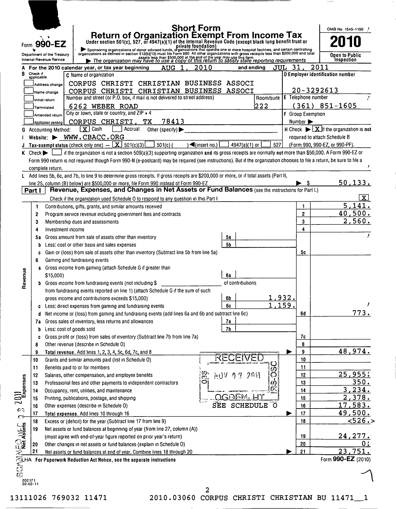 Image of first page of 2010 Form 990EZ for Corpus Christi Christian Business Association
