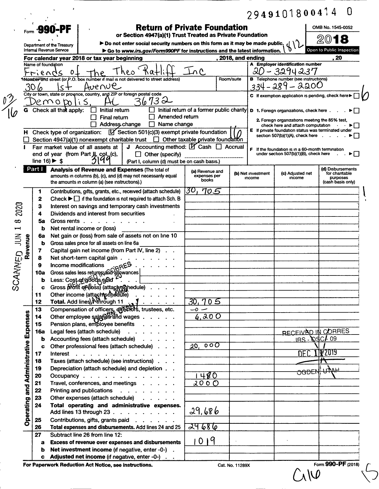 Image of first page of 2018 Form 990PR for Friends of Theo Ratliff