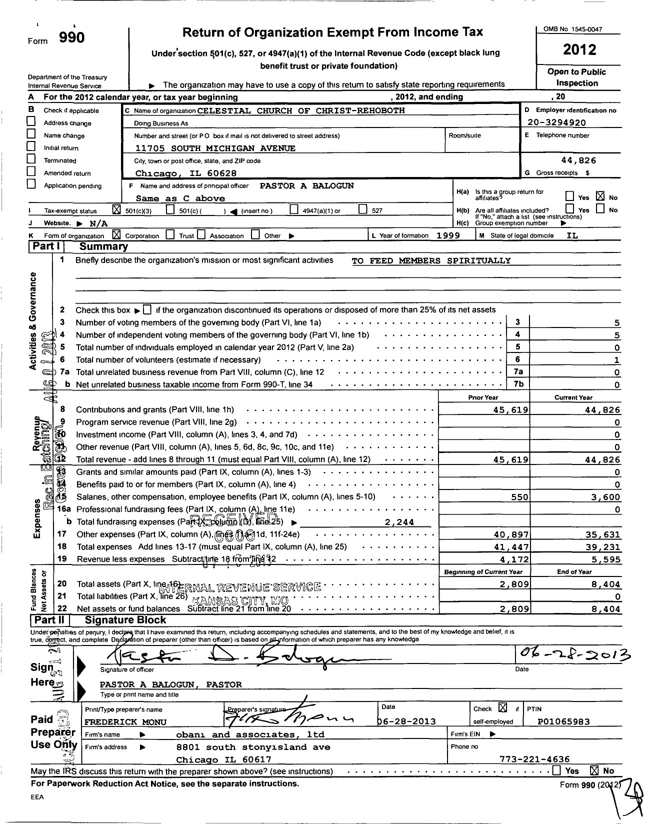 Image of first page of 2012 Form 990 for Celestial Church of Christ-Rehoboth