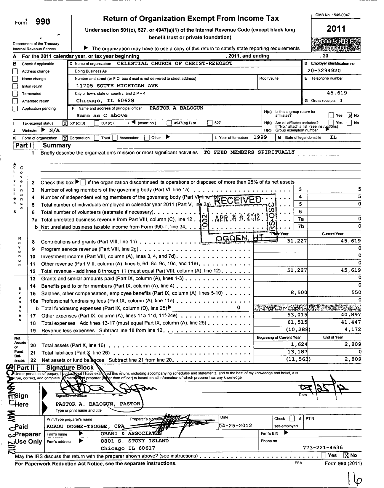 Image of first page of 2011 Form 990 for Celestial Church of Christ-Rehoboth