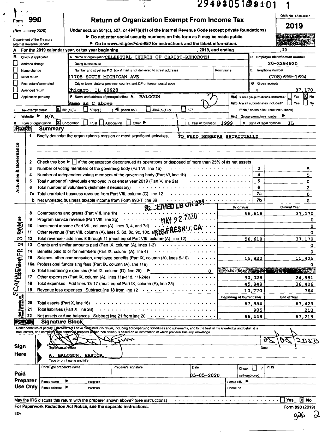 Image of first page of 2019 Form 990 for Celestial Church of Christ-Rehoboth