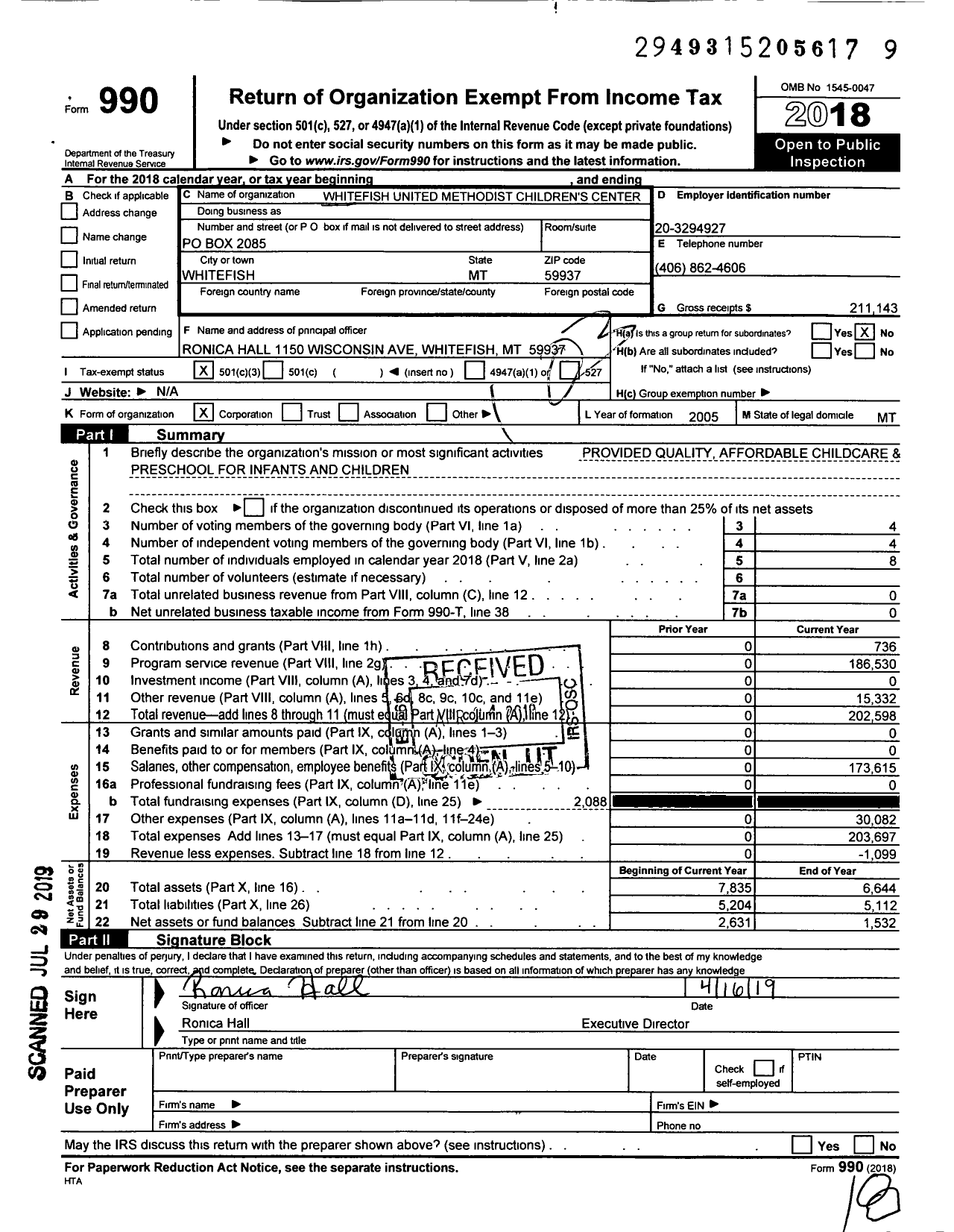 Image of first page of 2018 Form 990 for Whitefish United Methodist Childrens Center Rainbows End Preschool and Daycare