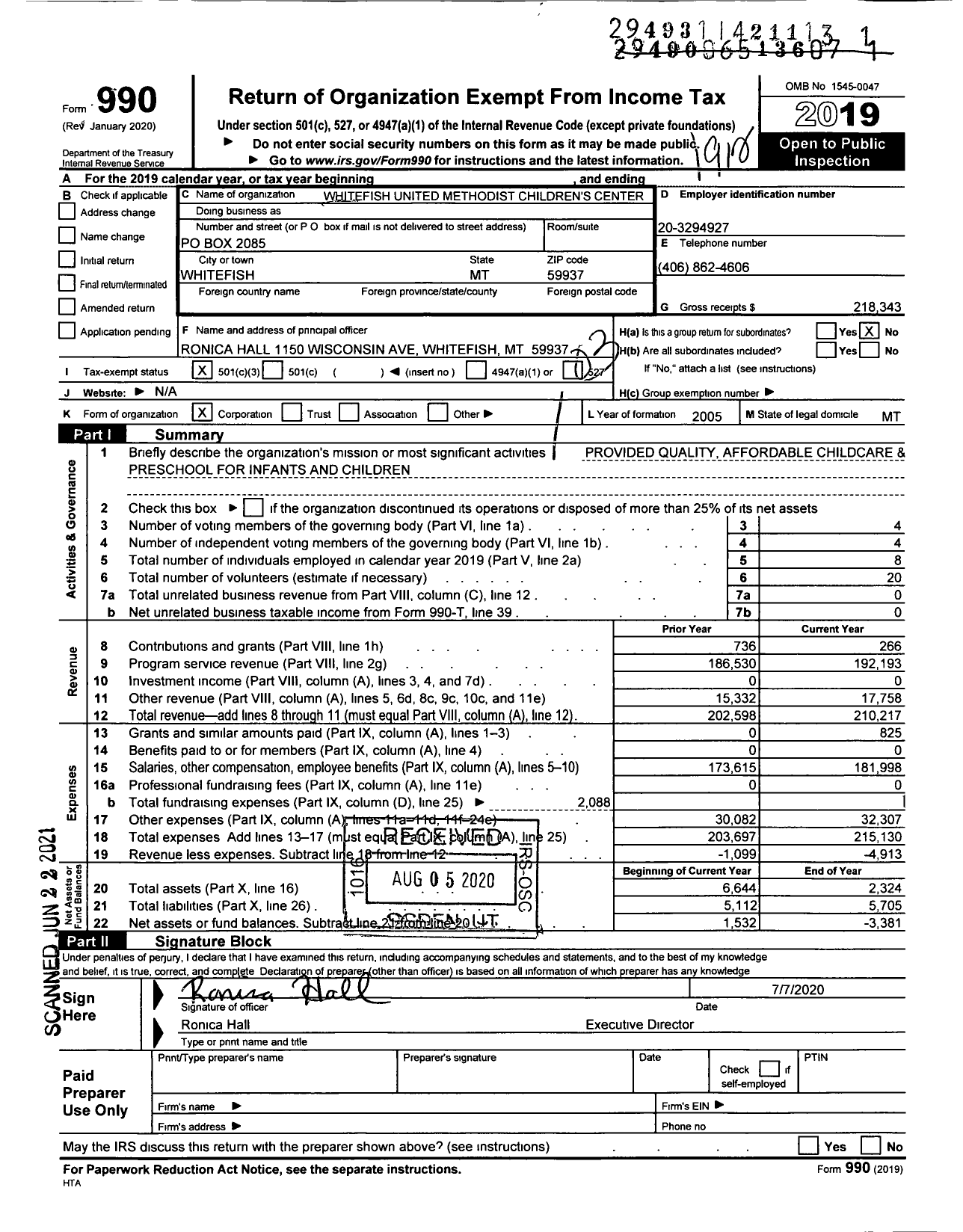 Image of first page of 2019 Form 990 for Whitefish United Methodist Childrens Center Rainbows End Preschool and Daycare