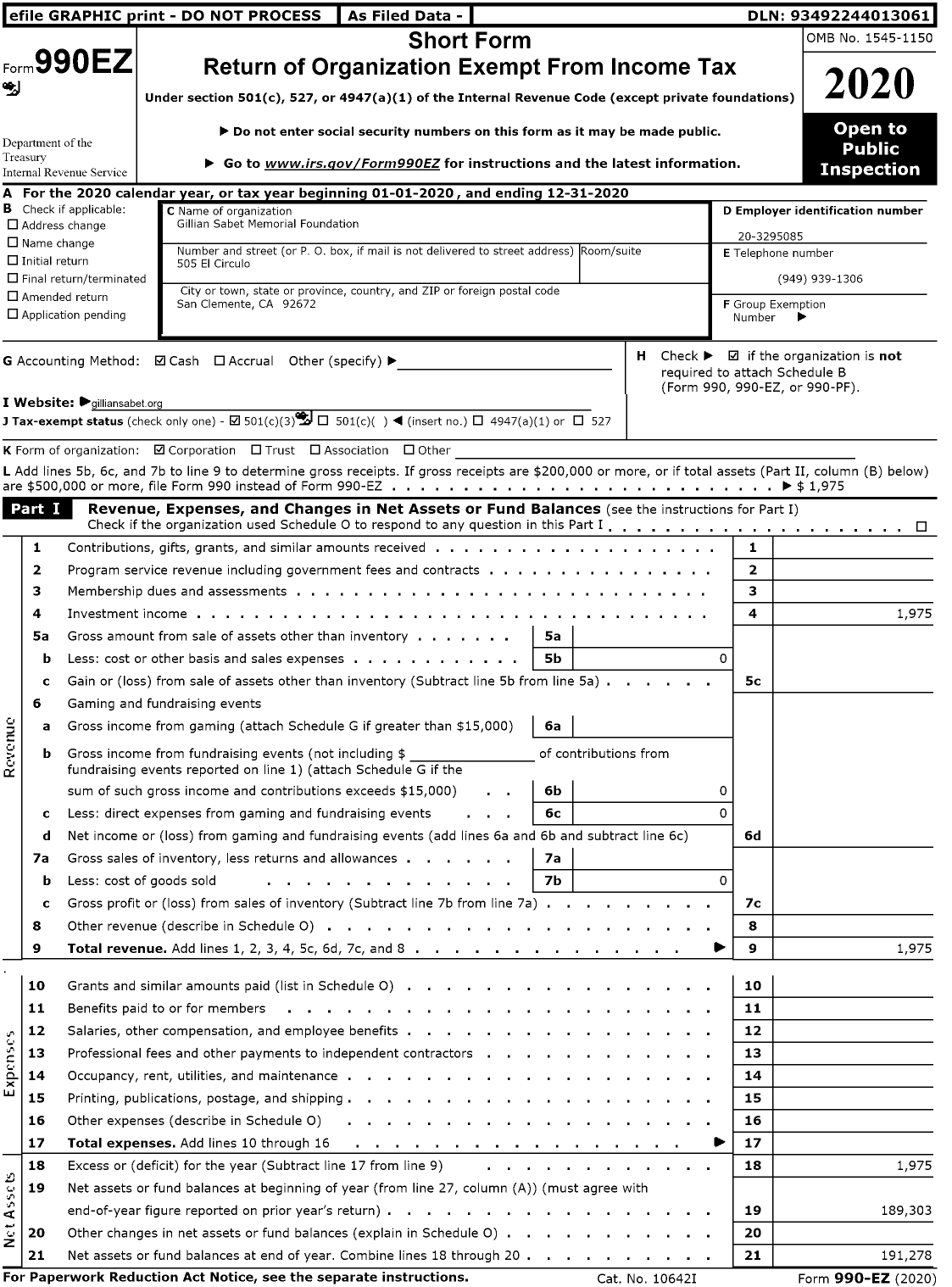 Image of first page of 2020 Form 990EZ for Gillian Sabet Memorial Foundation