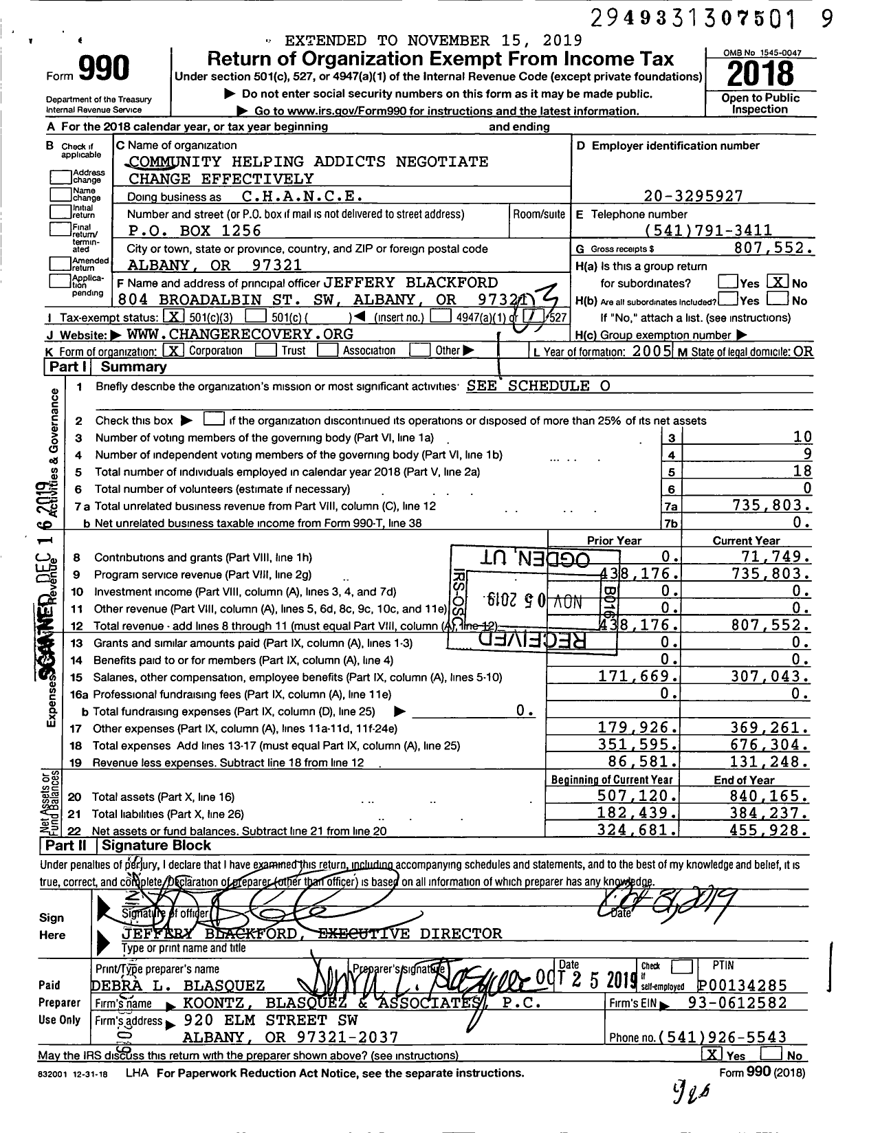 Image of first page of 2018 Form 990 for Community Helping Addicts Negotiate Change Effectively dba (CHANCE)