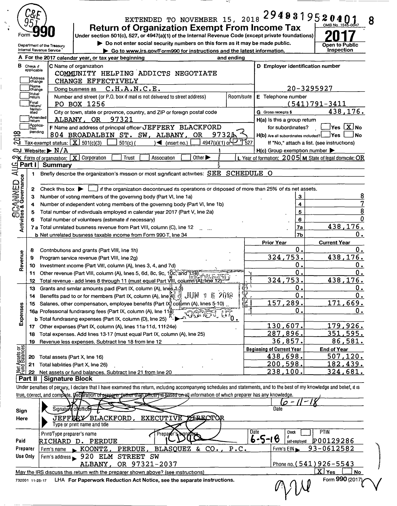 Image of first page of 2017 Form 990 for Community Helping Addicts Negotiate Change Effectively dba (CHANCE)