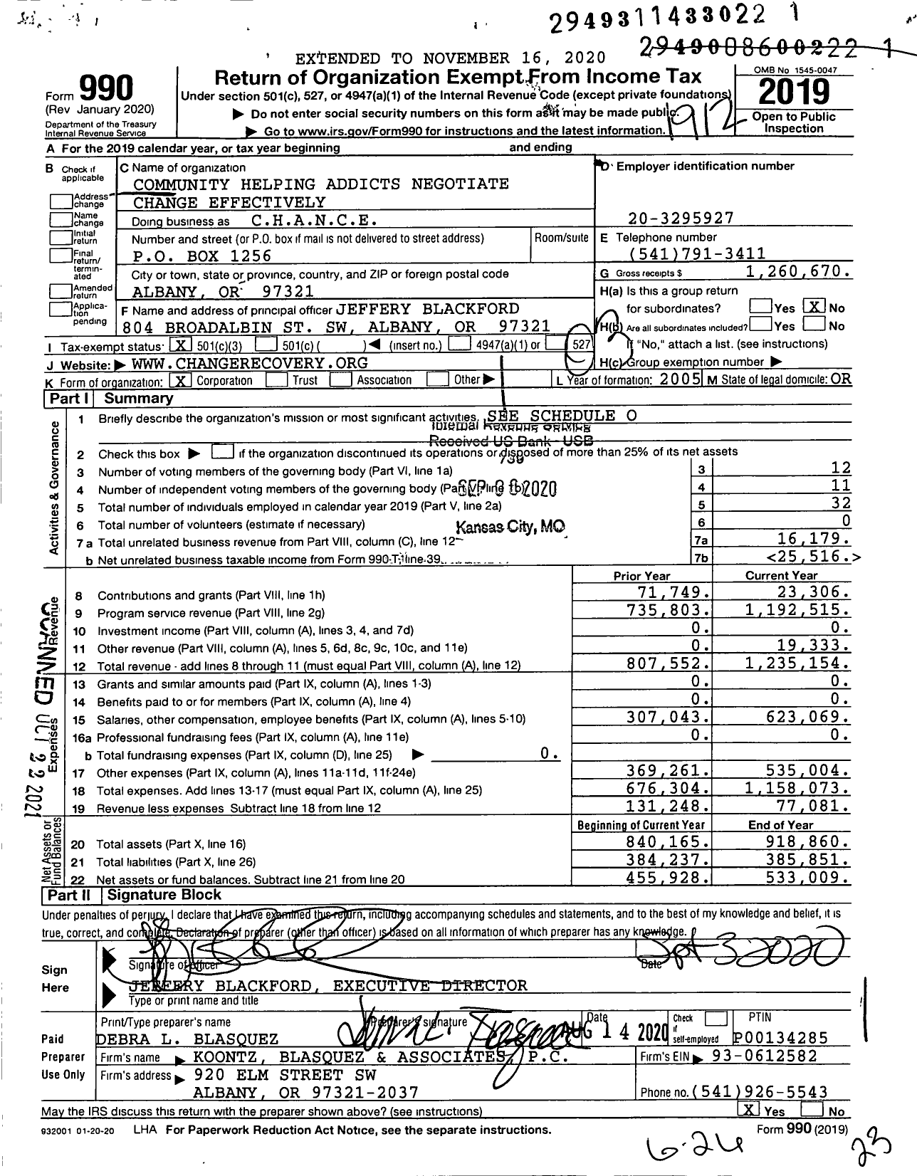 Image of first page of 2019 Form 990 for Community Helping Addicts Negotiate Change Effectively dba (CHANCE)