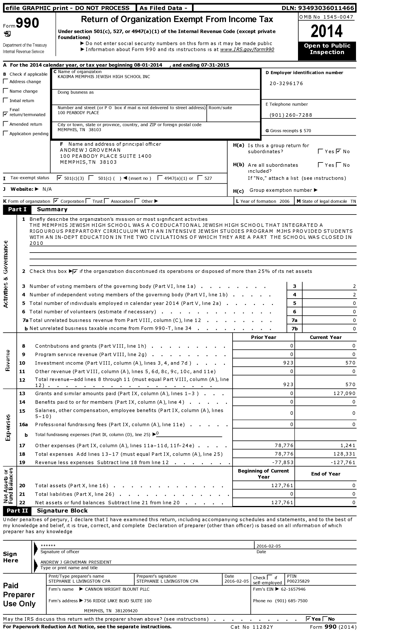 Image of first page of 2014 Form 990 for Kadima Memphis Jewish High School