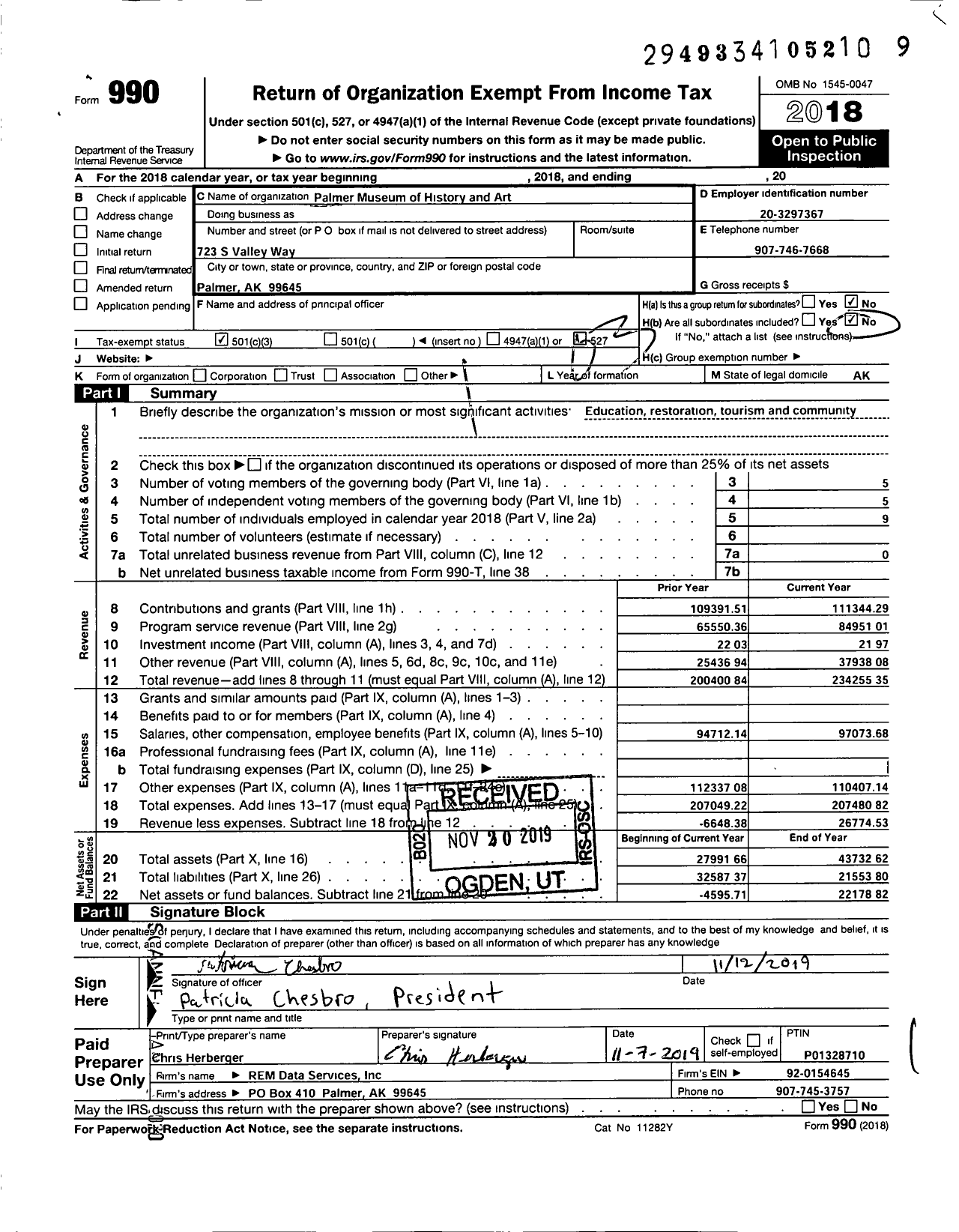 Image of first page of 2018 Form 990 for Palmer Museum of History and Art