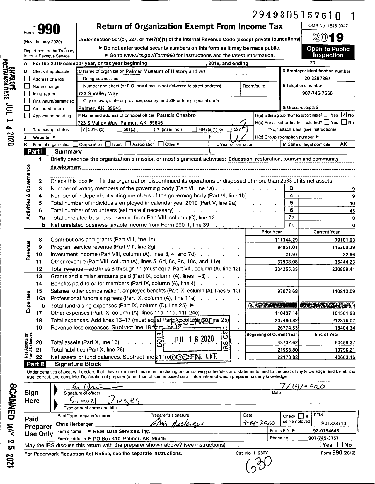 Image of first page of 2019 Form 990 for Palmer Museum of History and Art