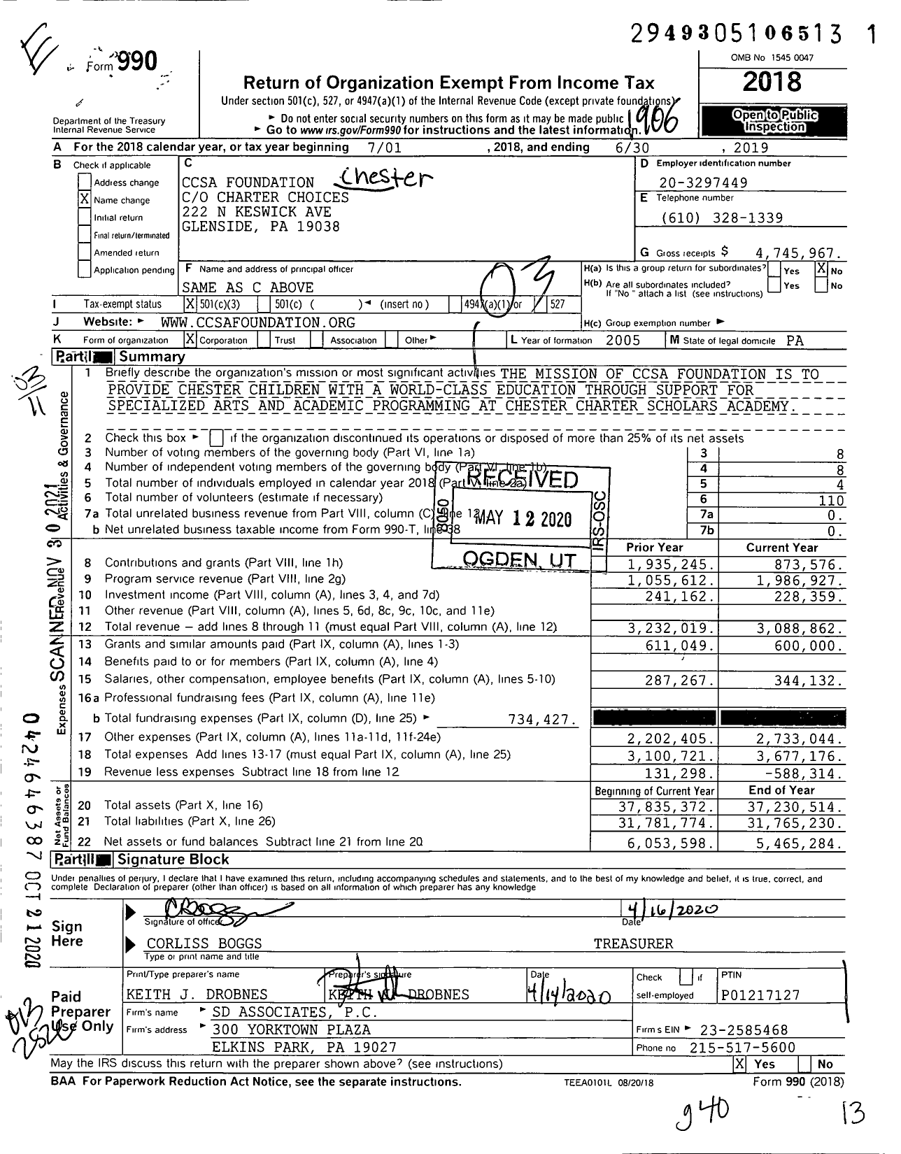 Image of first page of 2018 Form 990 for Ccsa Foundation (TCF)