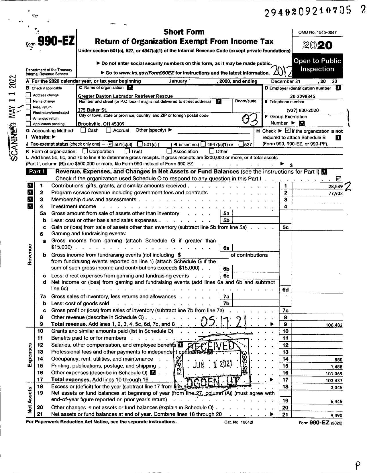 Image of first page of 2020 Form 990EZ for Greater Dayton Labrador Retriever Rescue and Referral Group and Referral Group