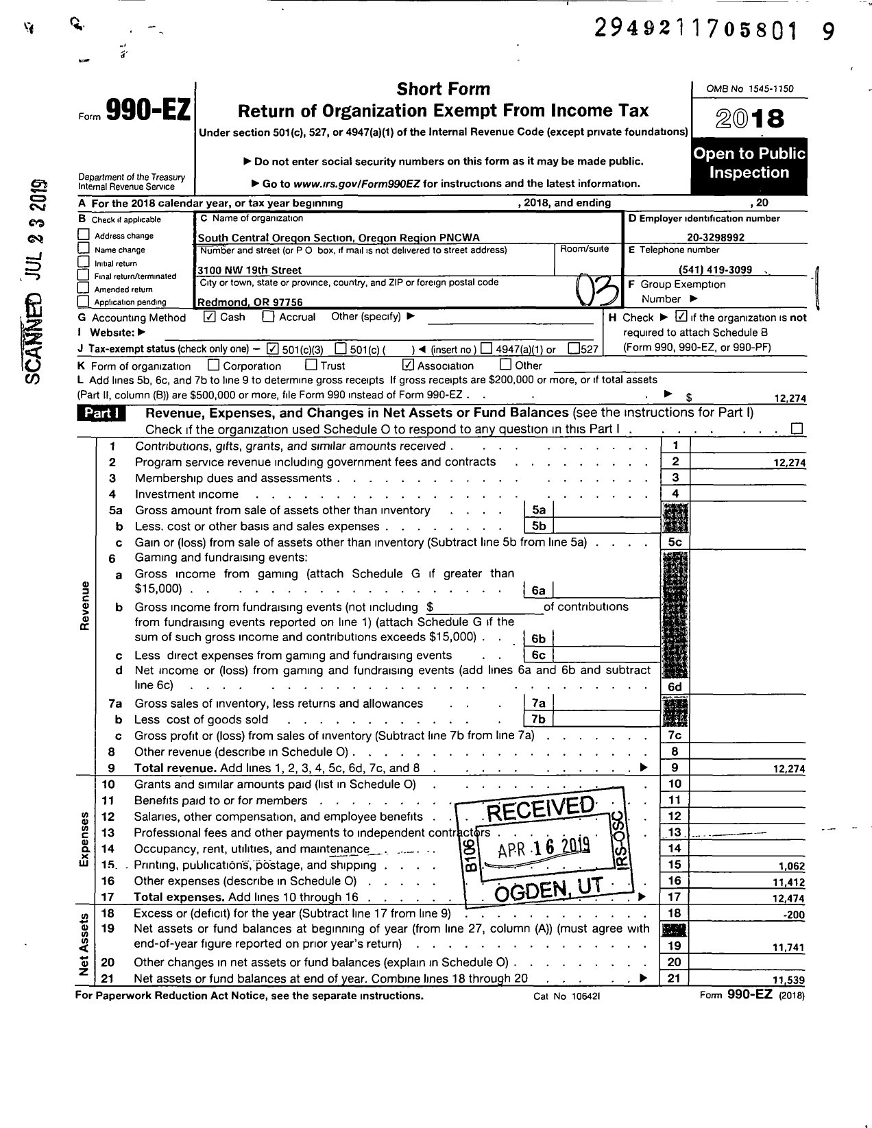 Image of first page of 2018 Form 990EZ for South Central Oregon Section- Oregon-Pacific Northwest CLN Water