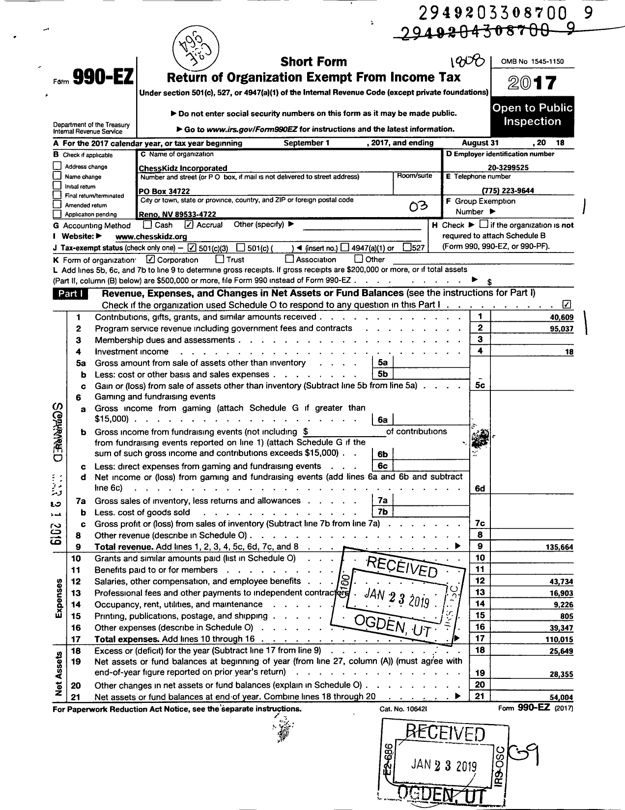 Image of first page of 2017 Form 990EZ for ChessKidz Incorporated