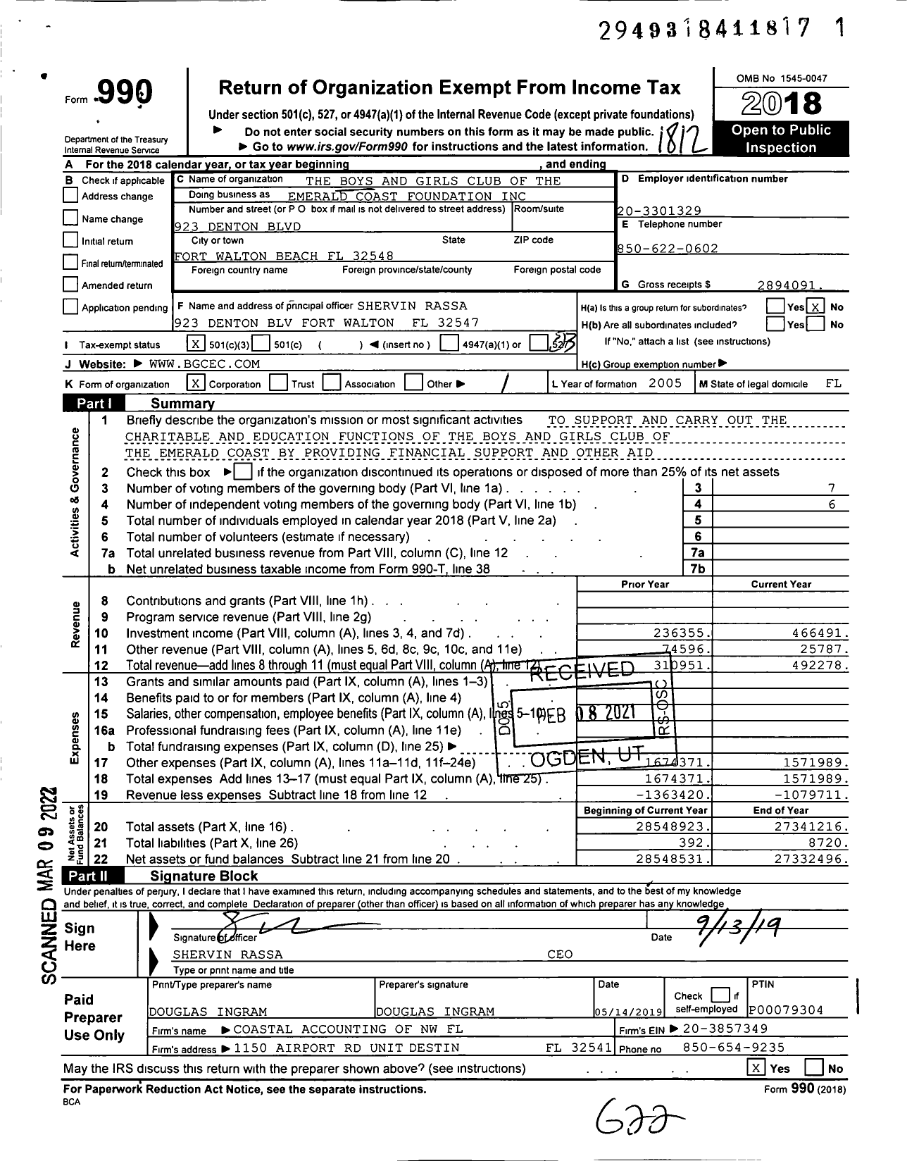 Image of first page of 2018 Form 990 for The Boys and Girls Clubs of the Emerald Coast Foundation