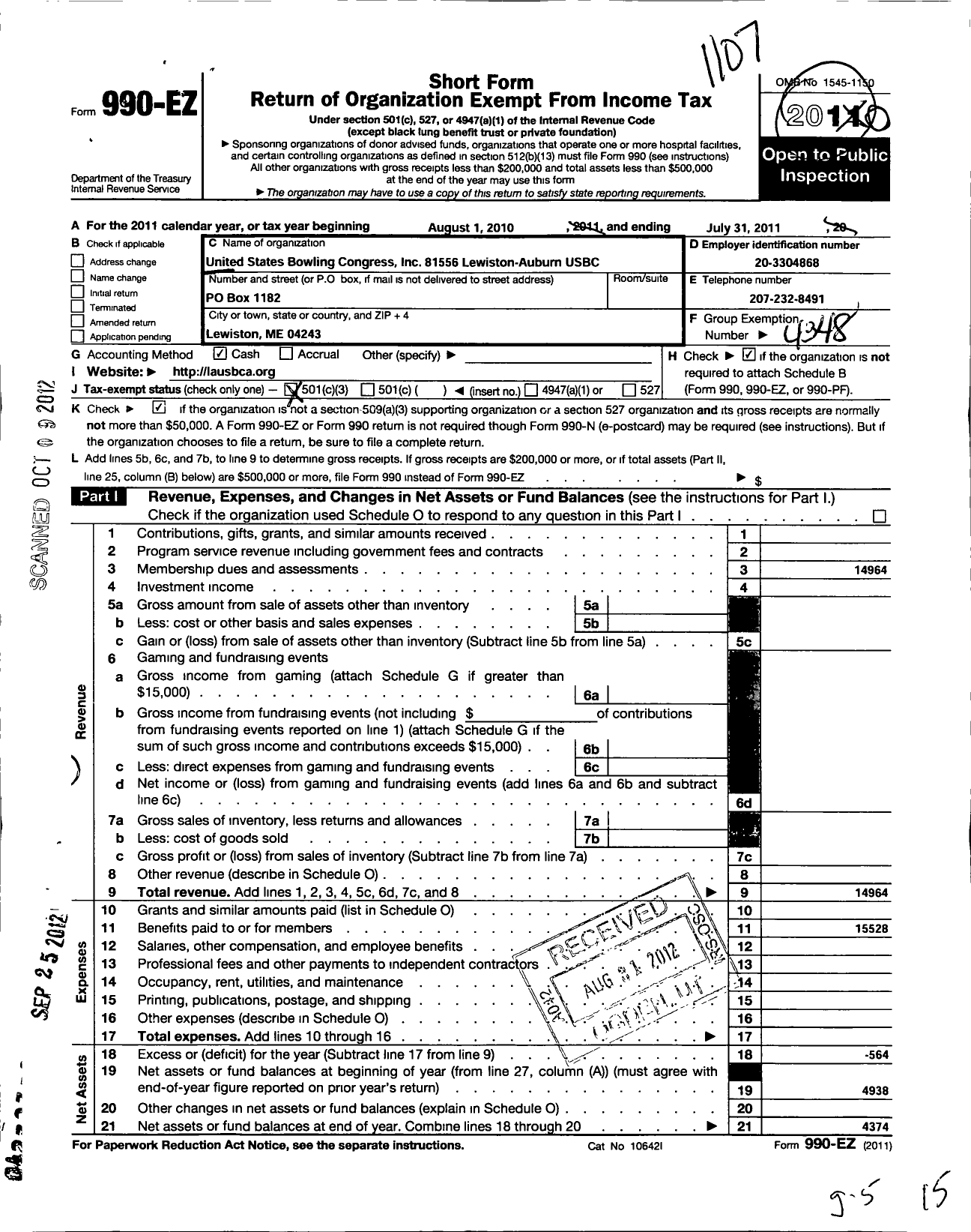 Image of first page of 2010 Form 990EZ for United States Bowling Congress - 81556 Lewiston-Auburn Usbc