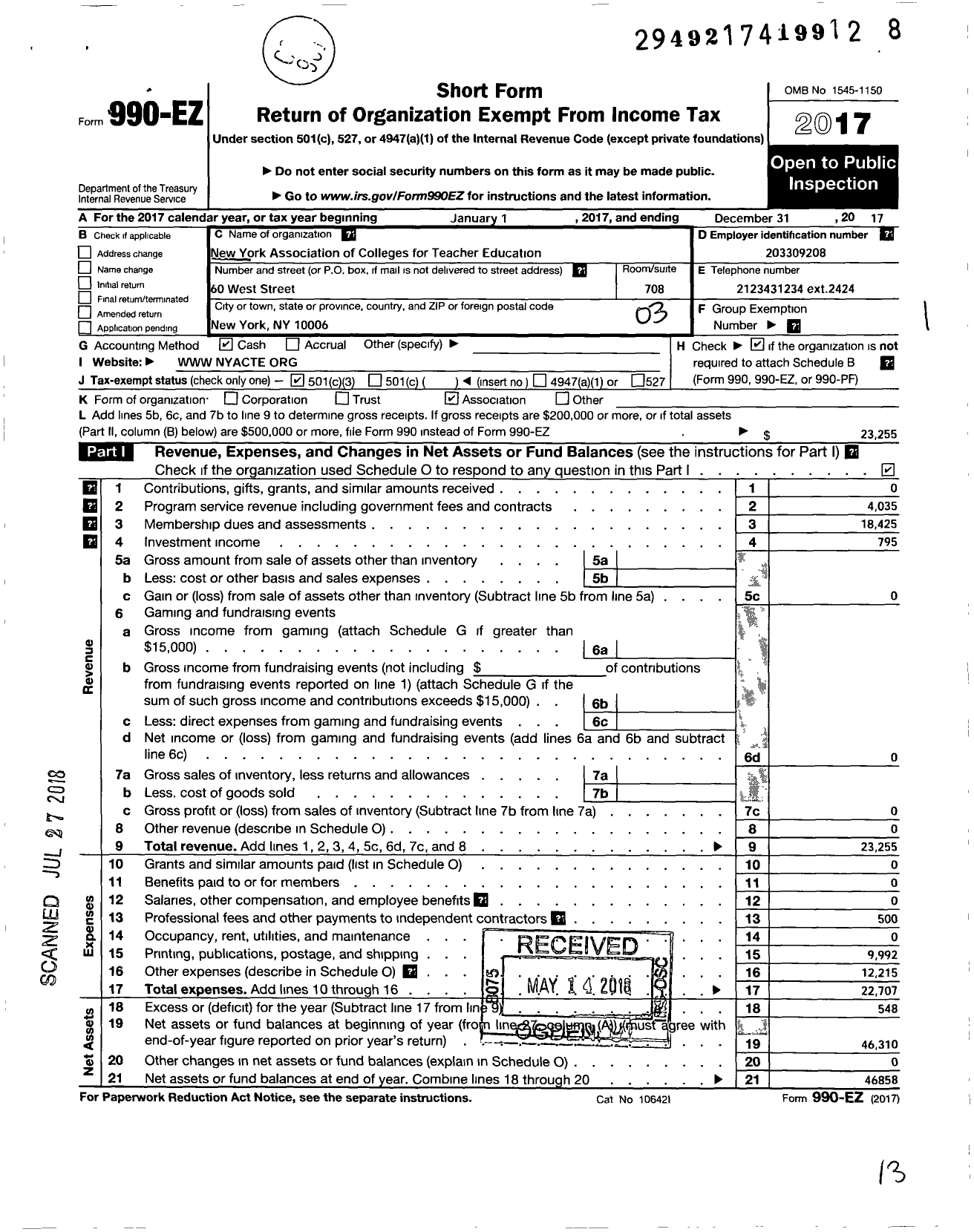 Image of first page of 2017 Form 990EZ for AMERICAN Association OF COLLEGES for TEACHER Education / New York Assoc Colleges Teacher Edu