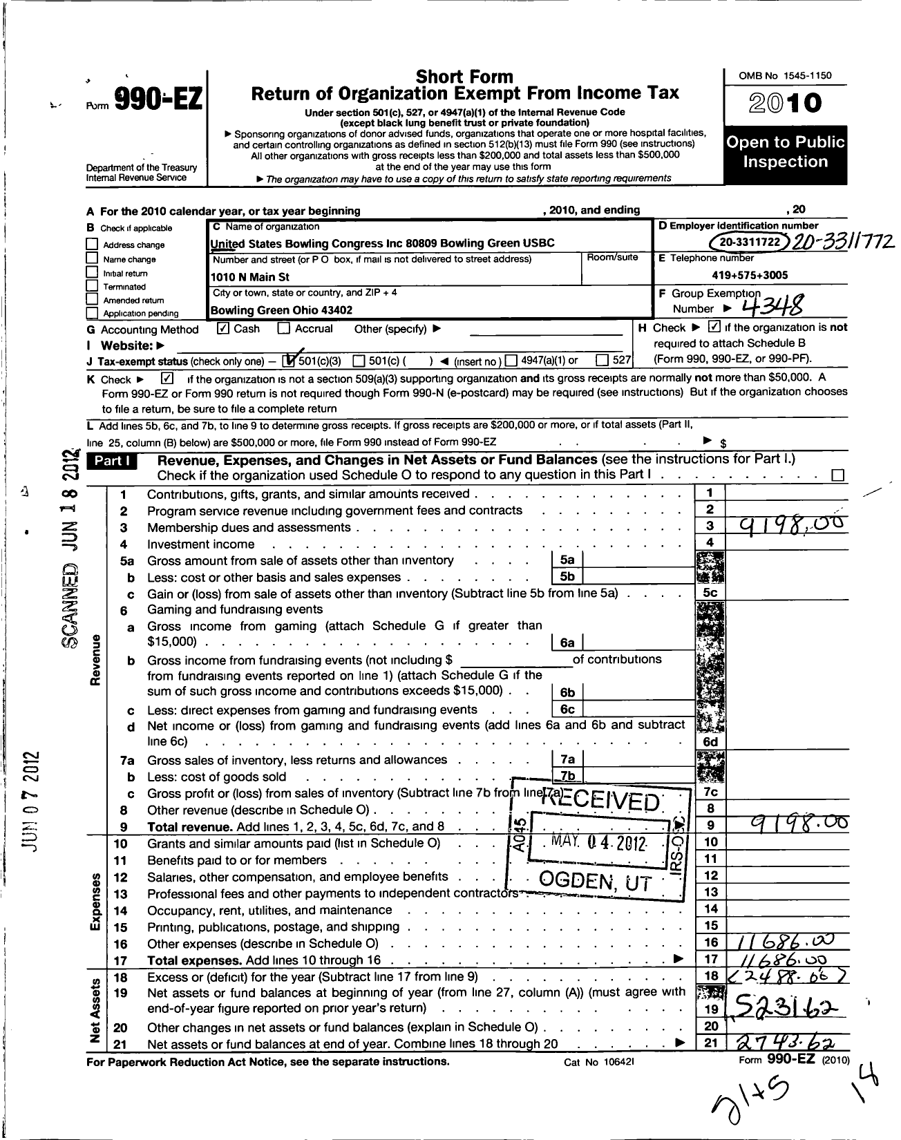 Image of first page of 2010 Form 990EZ for United States Bowling Congress - 80809 Bowling Green Usbc