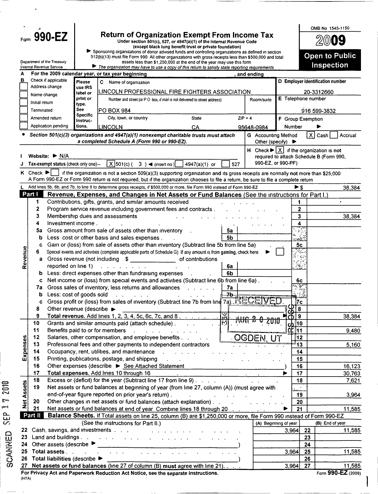Image of first page of 2009 Form 990EZ for International Association of Fire Fighters - L4356 Lincoln Prof Firefighters