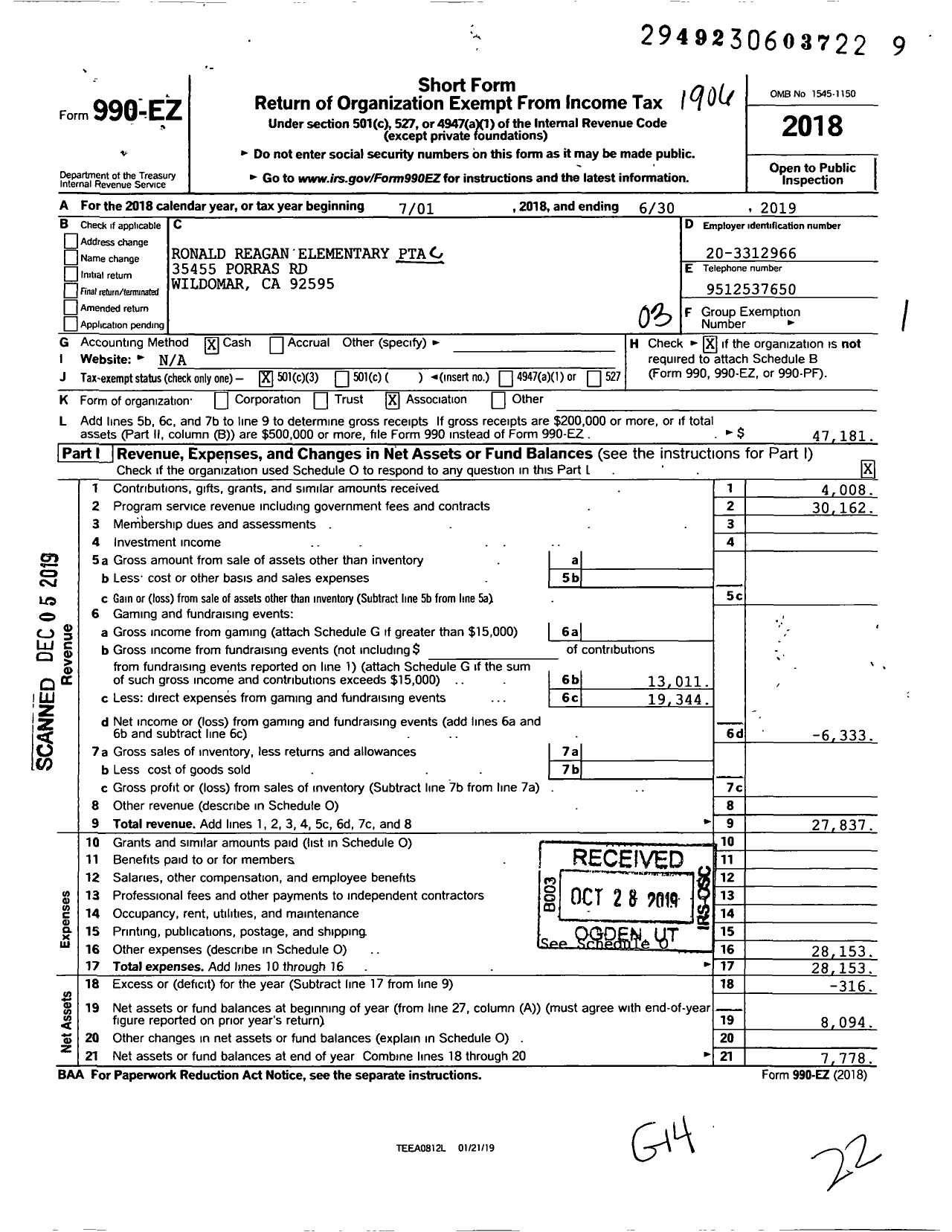 Image of first page of 2018 Form 990EZ for California State PTA - 5902 Ronald Reagan Elementary PTA