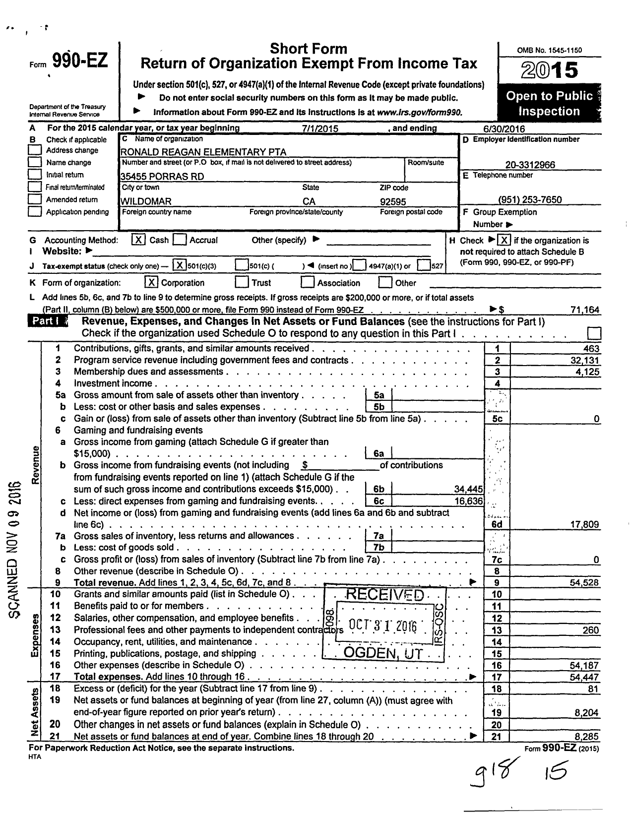 Image of first page of 2015 Form 990EZ for California State PTA - 5902 Ronald Reagan Elementary PTA