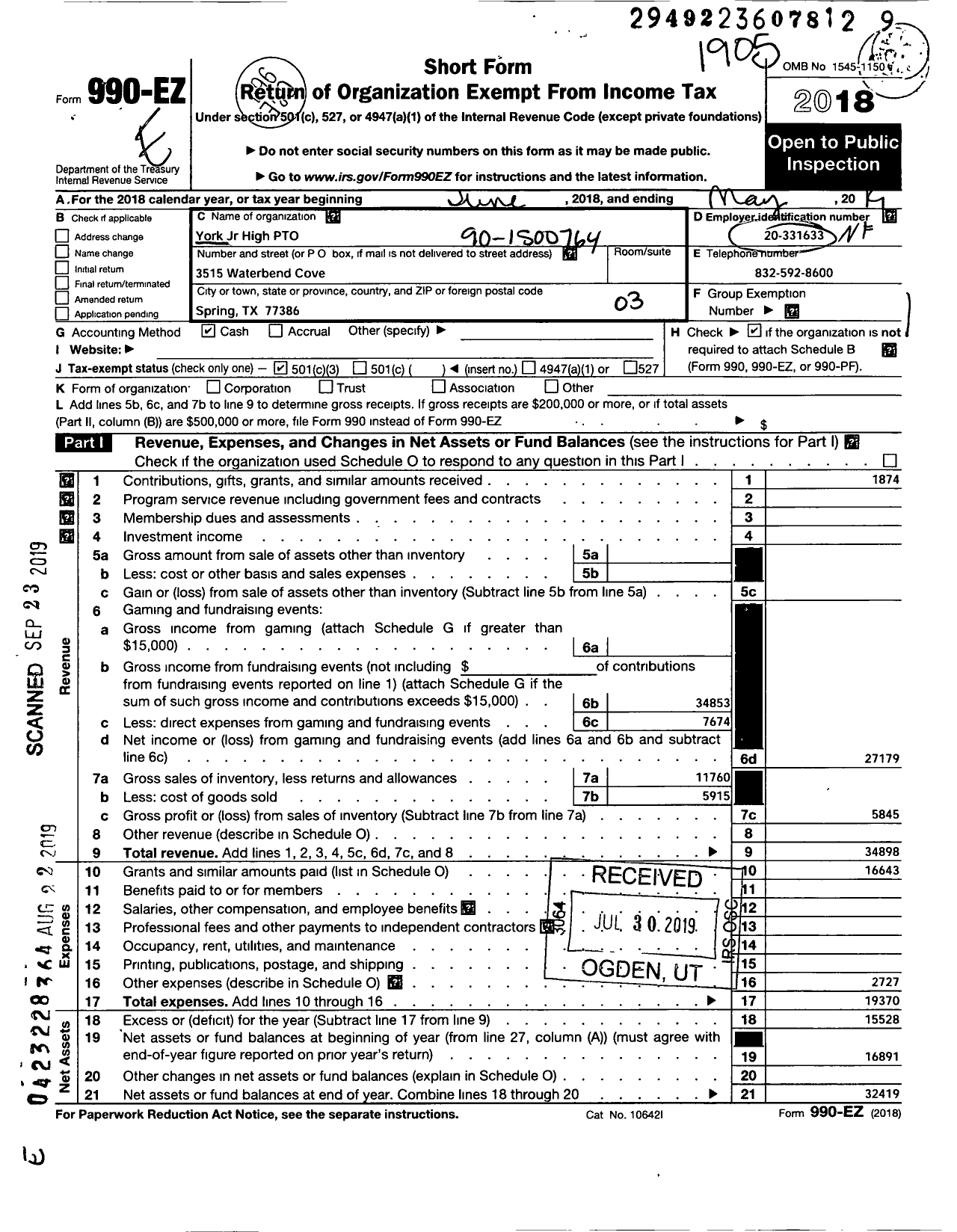 Image of first page of 2018 Form 990EZ for Cisd Educational Support Groups / York Junior High School Pto