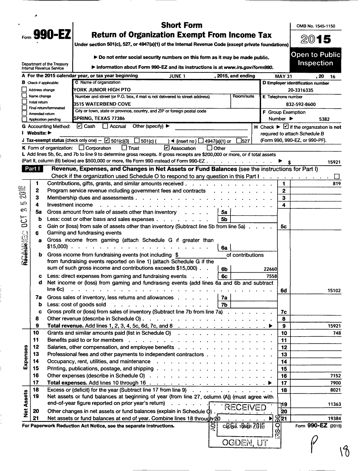 Image of first page of 2015 Form 990EZ for Cisd Educational Support Groups / York Junior High School Pto