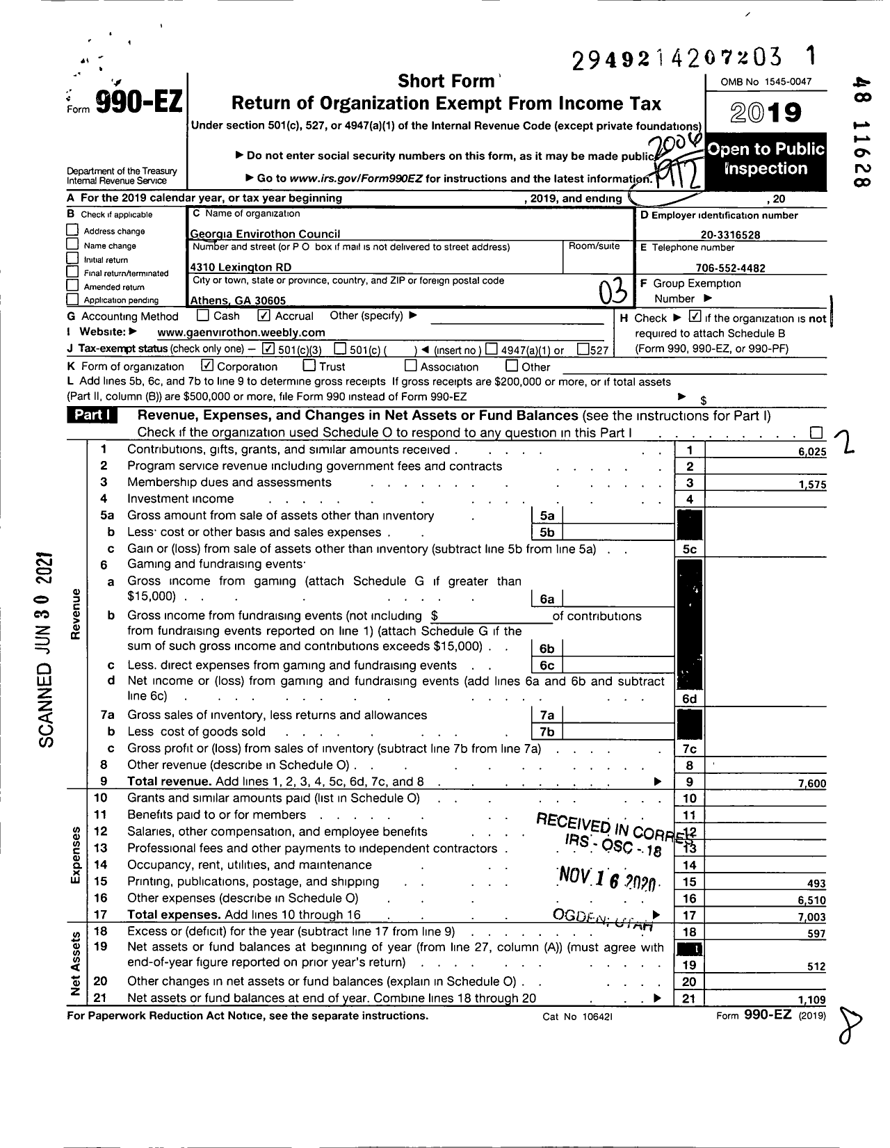 Image of first page of 2019 Form 990EZ for Georgia Envirothon Council