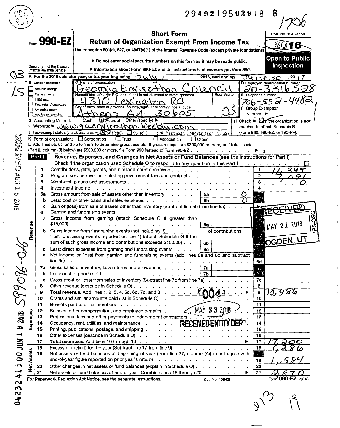 Image of first page of 2016 Form 990EZ for Georgia Envirothon Council