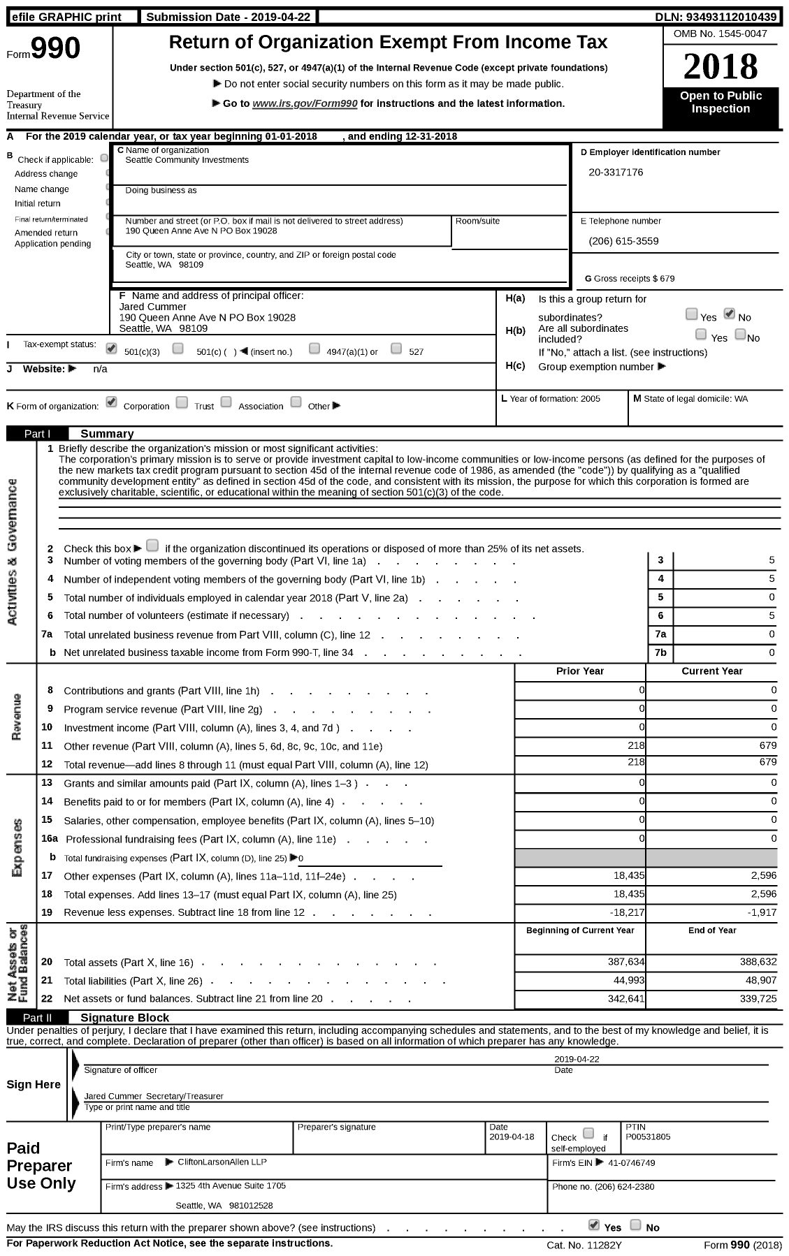 Image of first page of 2018 Form 990 for Seattle Community Investments