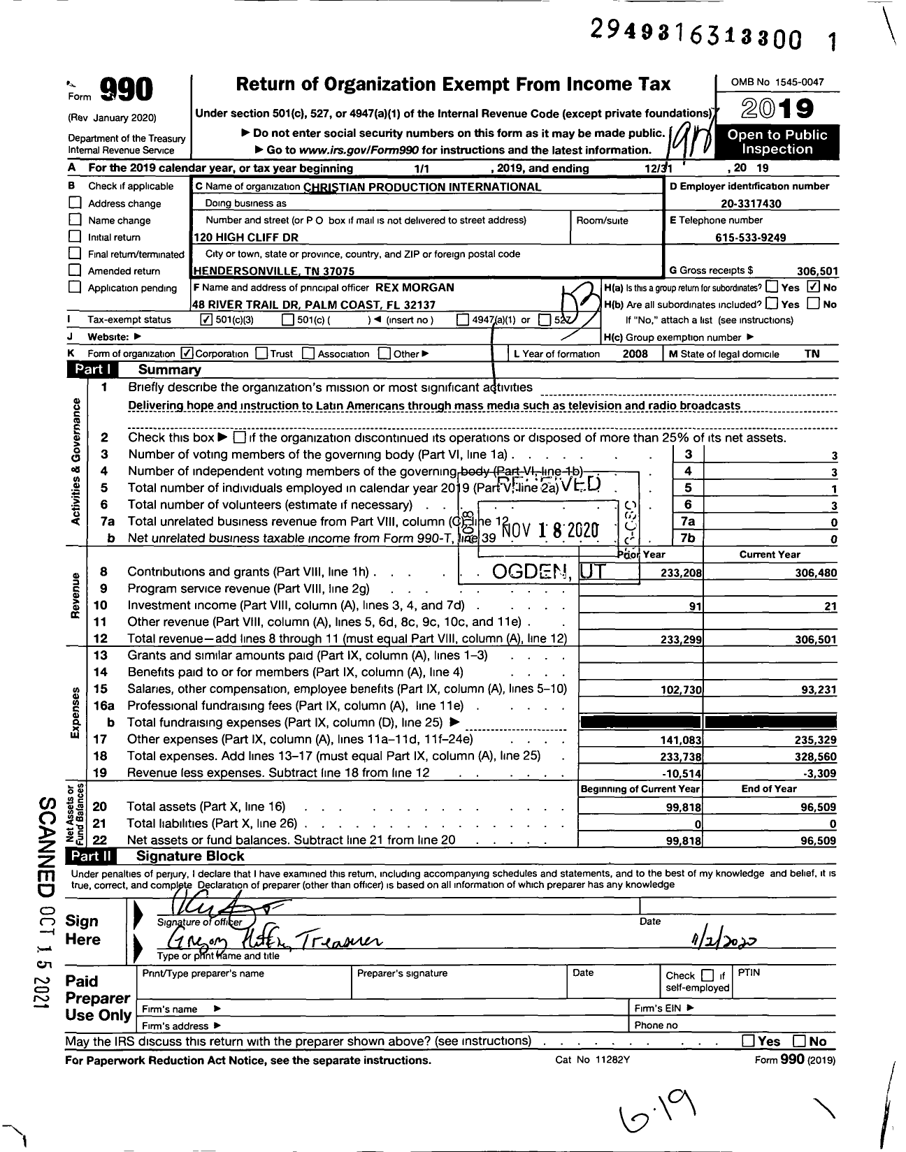 Image of first page of 2019 Form 990 for Christian Productions International