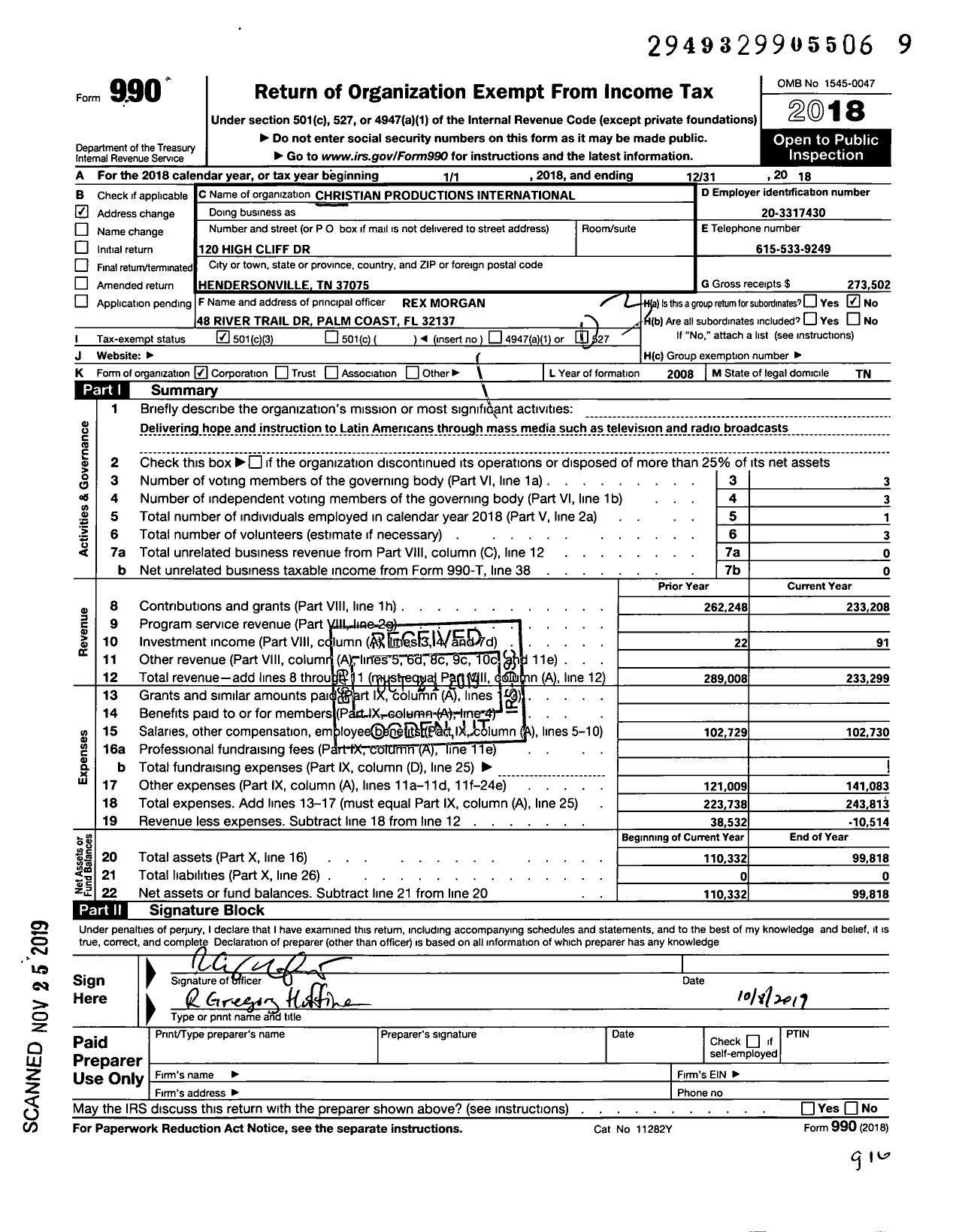 Image of first page of 2018 Form 990 for Christian Productions International