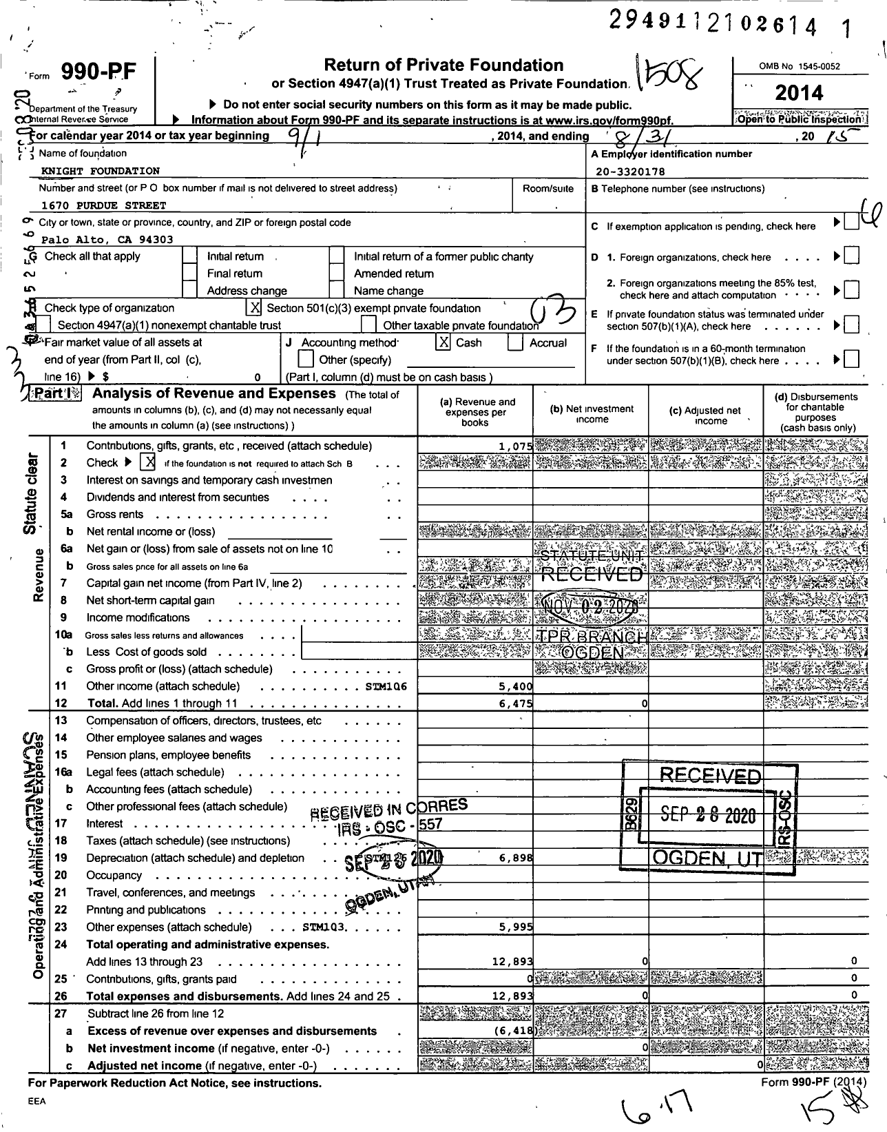 Image of first page of 2014 Form 990PF for Knight Foundation