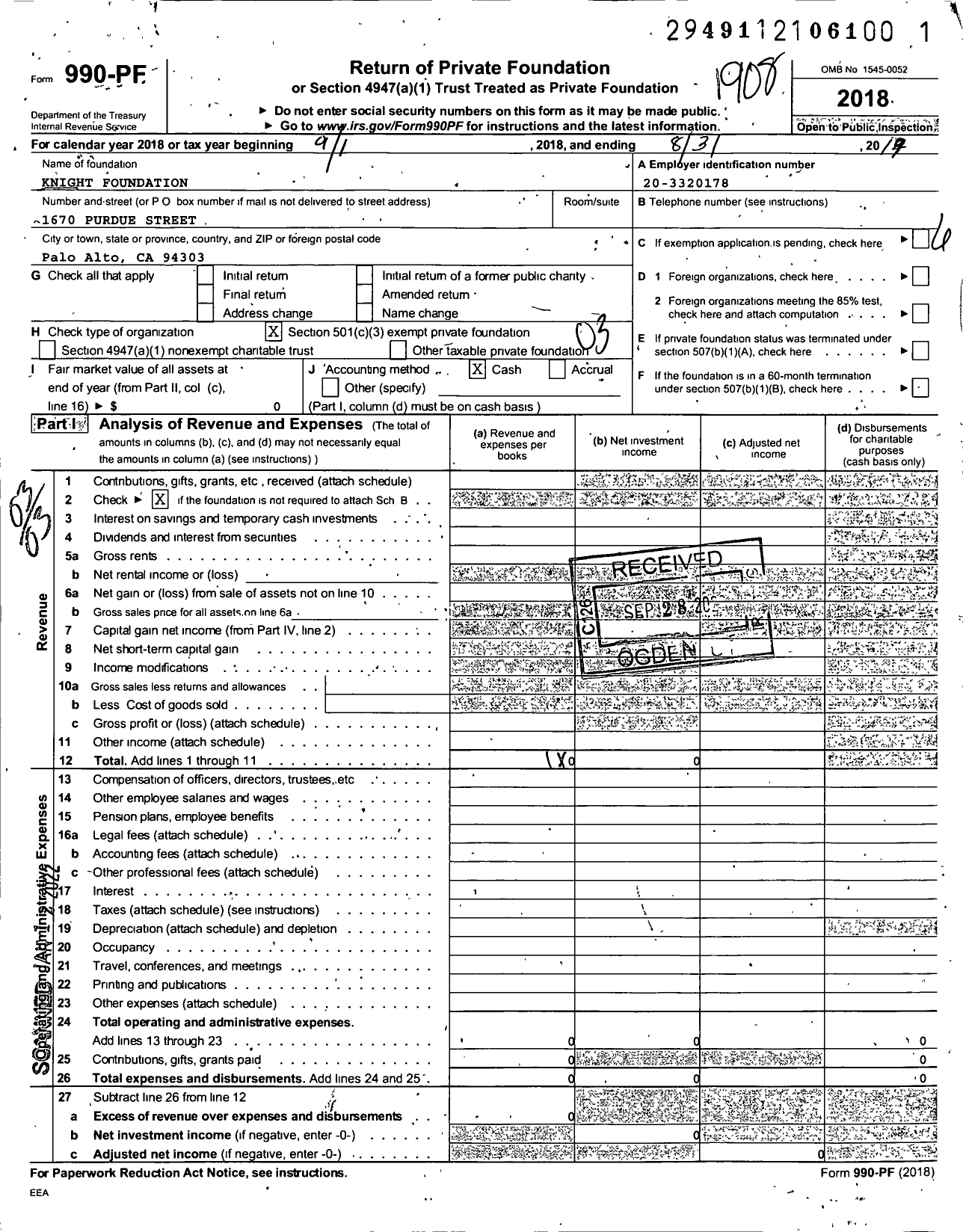 Image of first page of 2018 Form 990PF for Knight Foundation