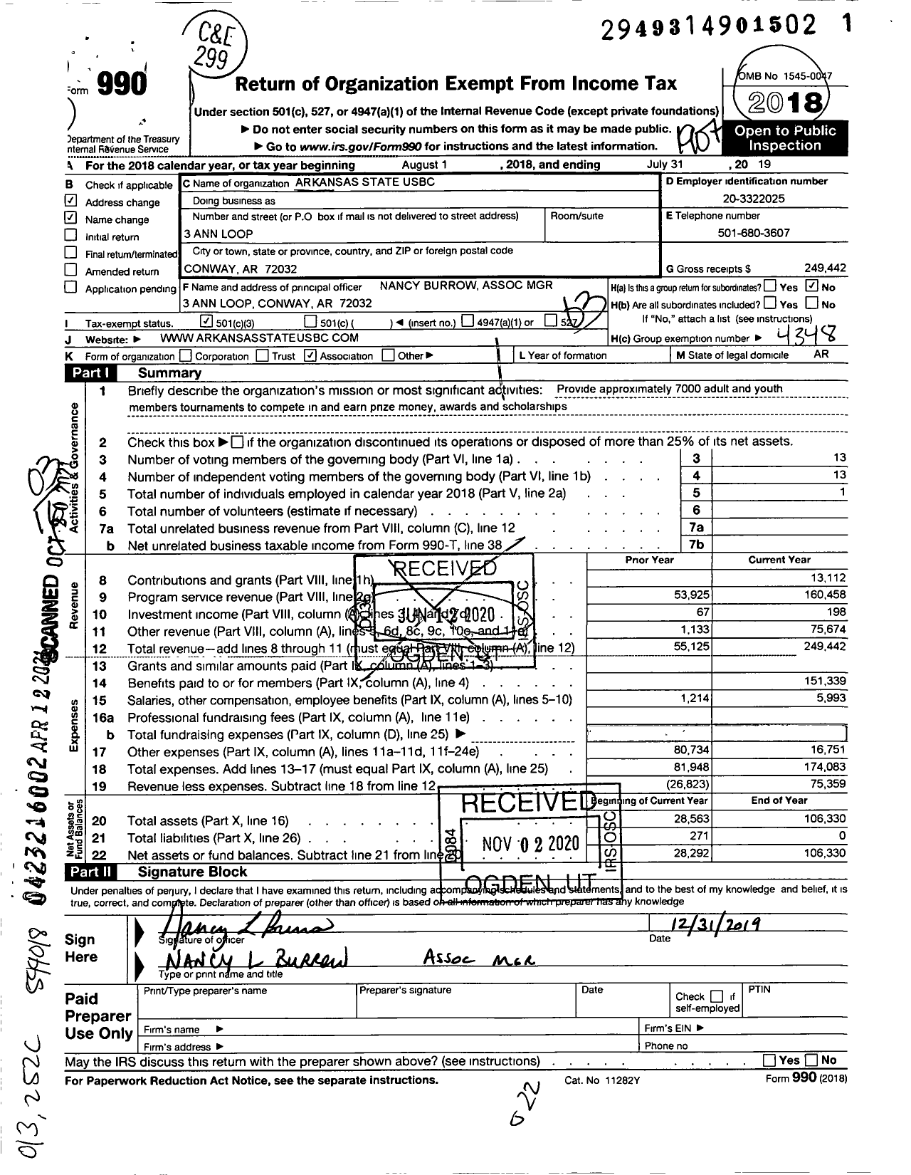 Image of first page of 2018 Form 990 for Arkansas State Usbc Youth Associati