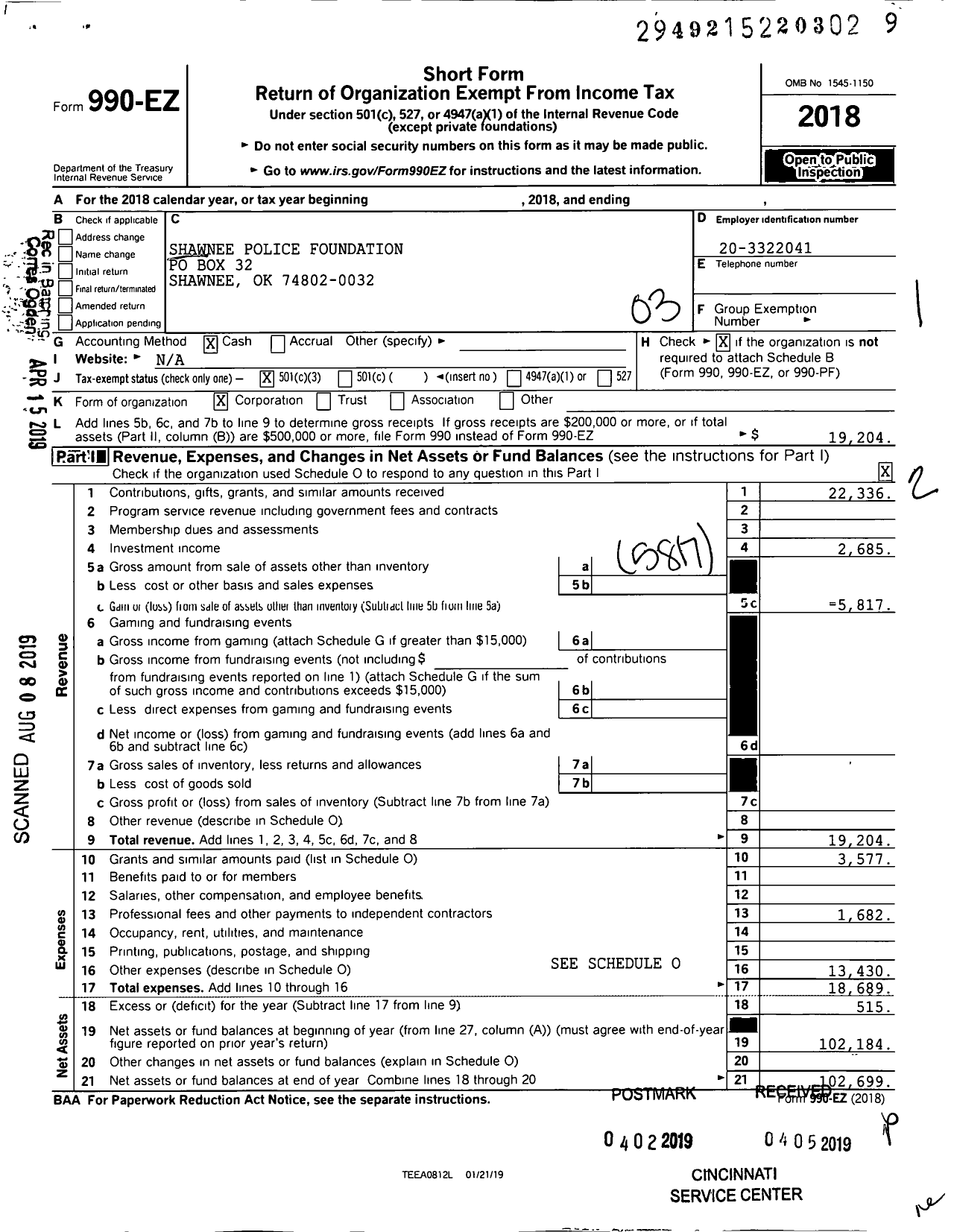 Image of first page of 2018 Form 990EZ for Shawnee Police Foundation