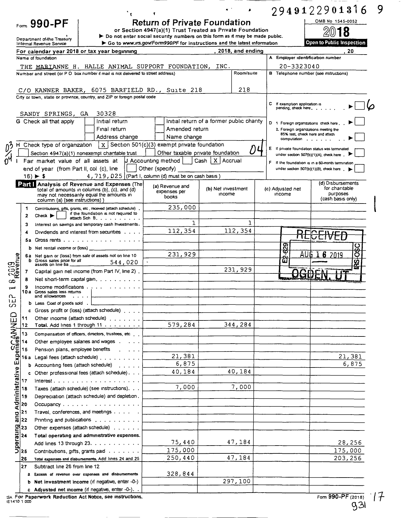 Image of first page of 2018 Form 990PF for The Marianne H Halle Animal Support Foundation