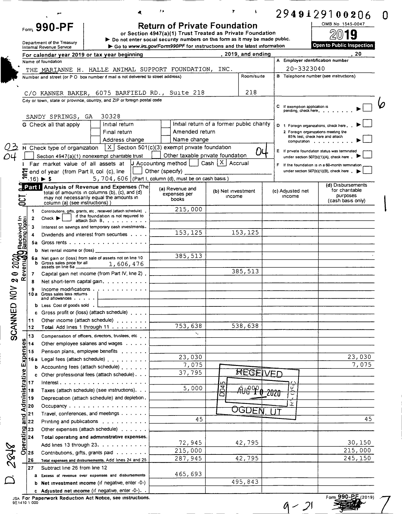 Image of first page of 2019 Form 990PF for The Marianne H Halle Animal Support Foundation