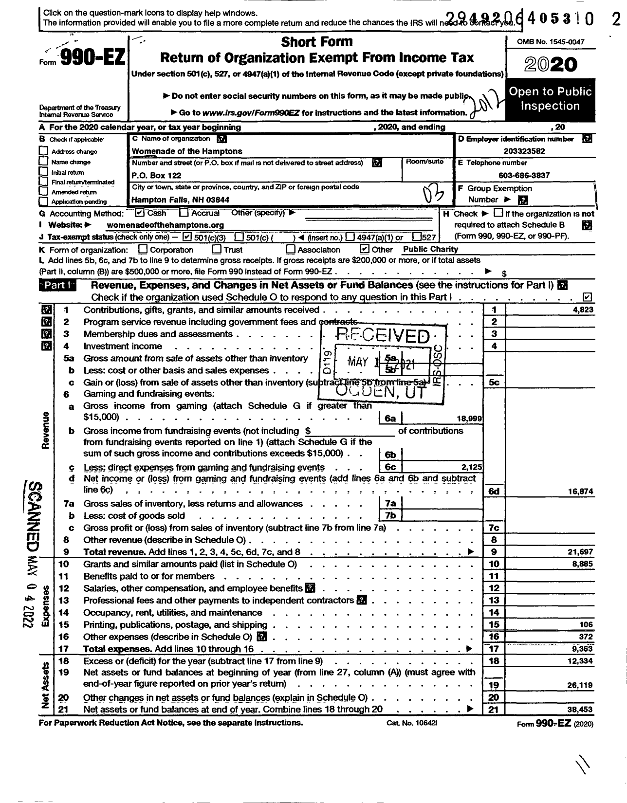 Image of first page of 2020 Form 990EZ for Womenade of the Hamptons