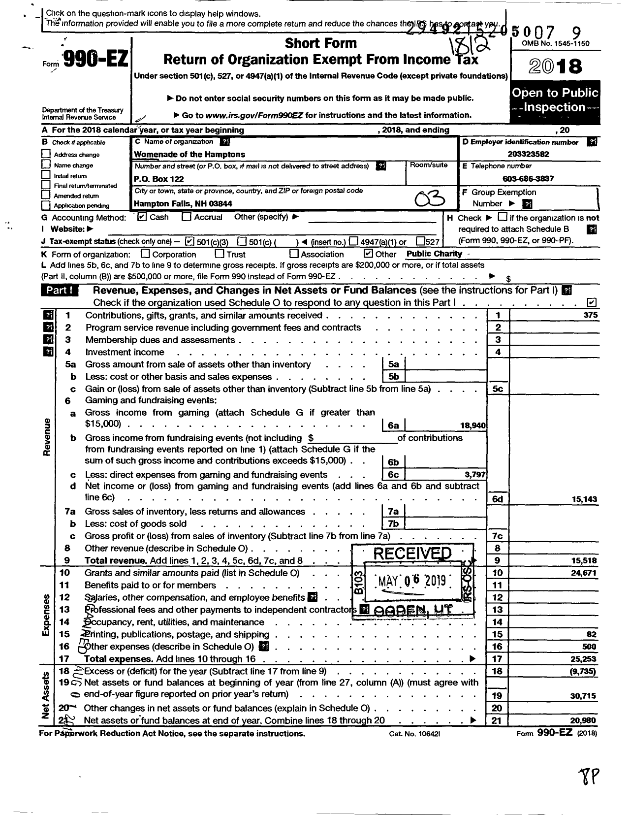 Image of first page of 2018 Form 990EZ for Womenade of the Hamptons