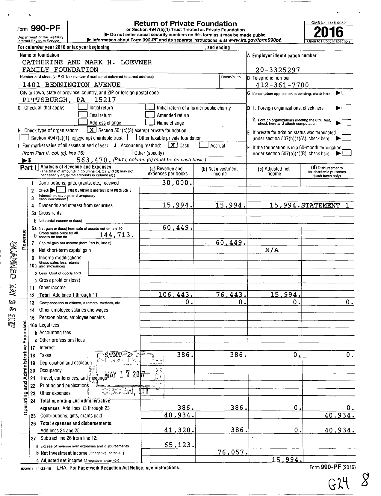 Image of first page of 2016 Form 990PF for Catherine and Mark H Loevner Family Foundation