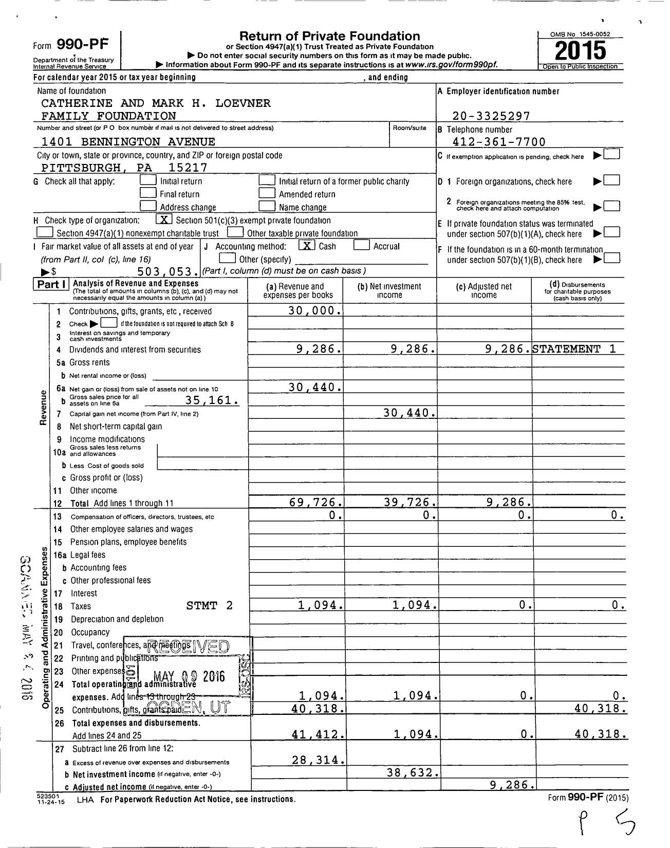 Image of first page of 2015 Form 990PF for Catherine and Mark H Loevner Family Foundation