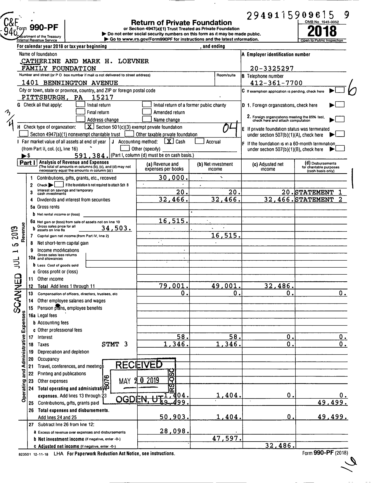 Image of first page of 2018 Form 990PF for Catherine and Mark H Loevner Family Foundation