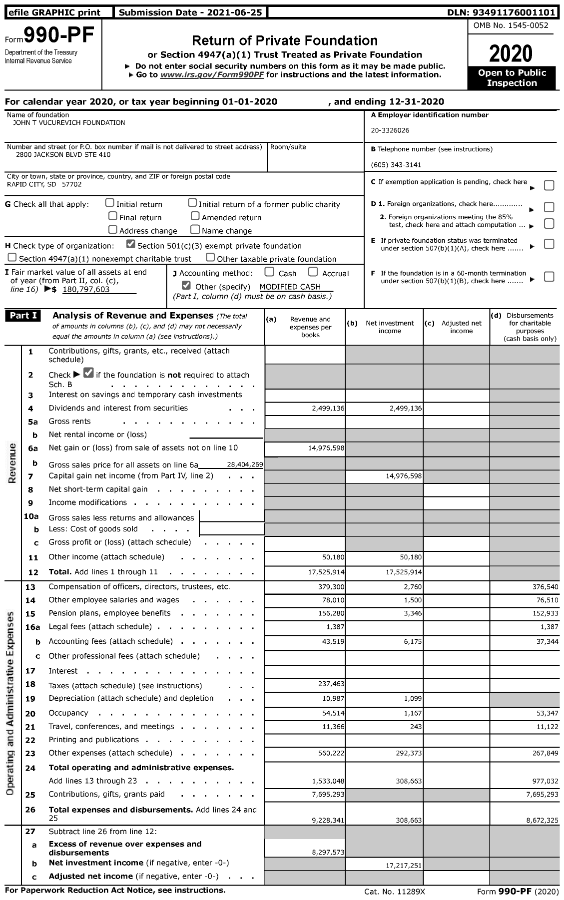 Image of first page of 2020 Form 990PF for John T. Vucurevich Foundation (JTVF)
