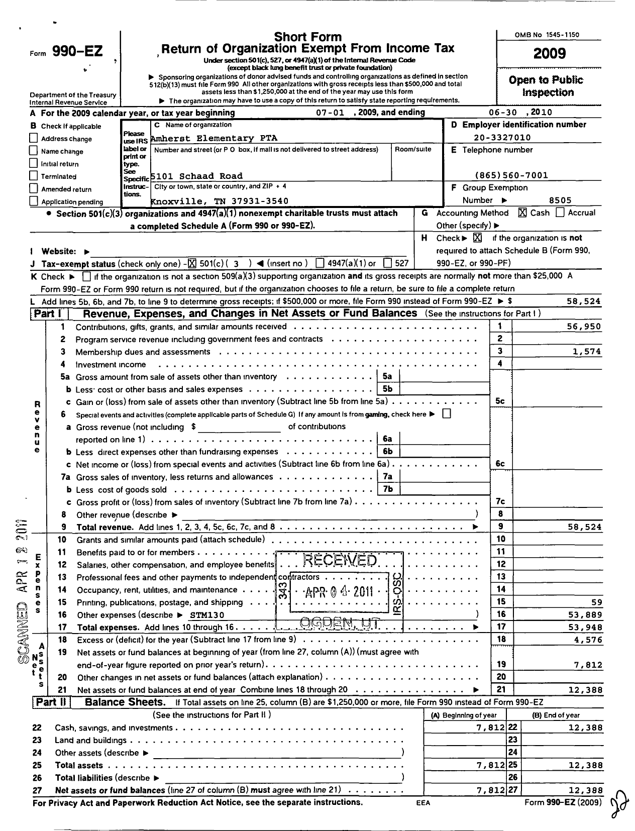 Image of first page of 2009 Form 990EZ for PTA Tennessee Congress of Parents Teachers / Amherst Elementary PTA