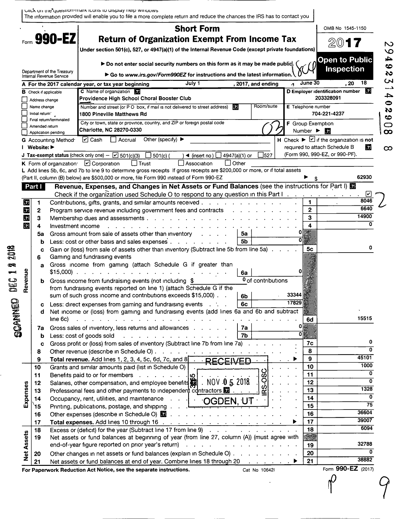 Image of first page of 2017 Form 990EZ for Providence High School Choral Booster Club